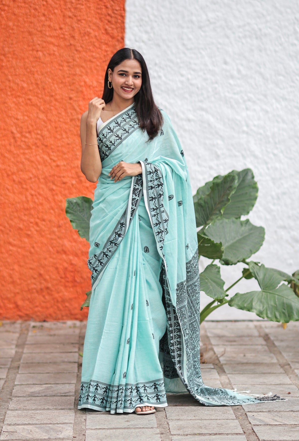 Pistachio & Black Pure Mashrise Cotton Hand Weaving Saree with blouse piece