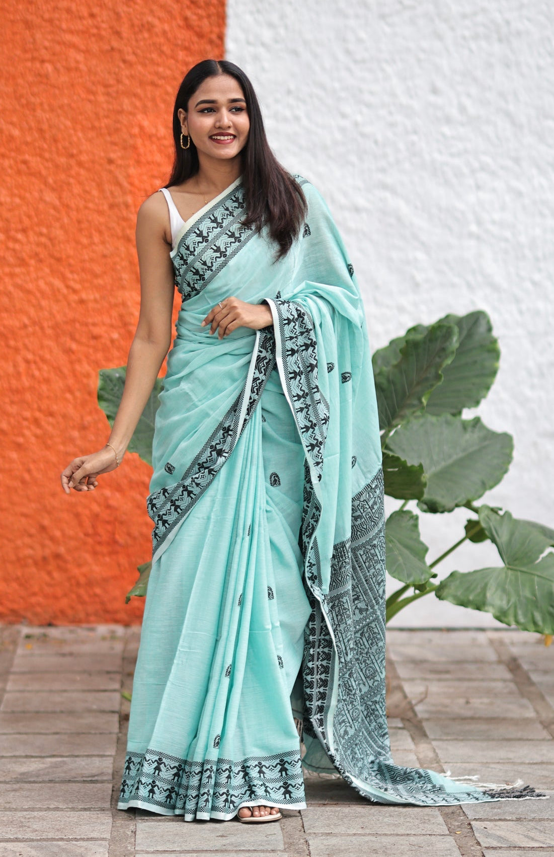 Pistachio & Black Pure Mashrise Cotton Hand Weaving Saree with blouse piece