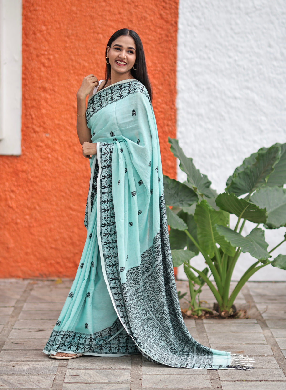 Pistachio & Black Pure Mashrise Cotton Hand Weaving Saree with blouse piece