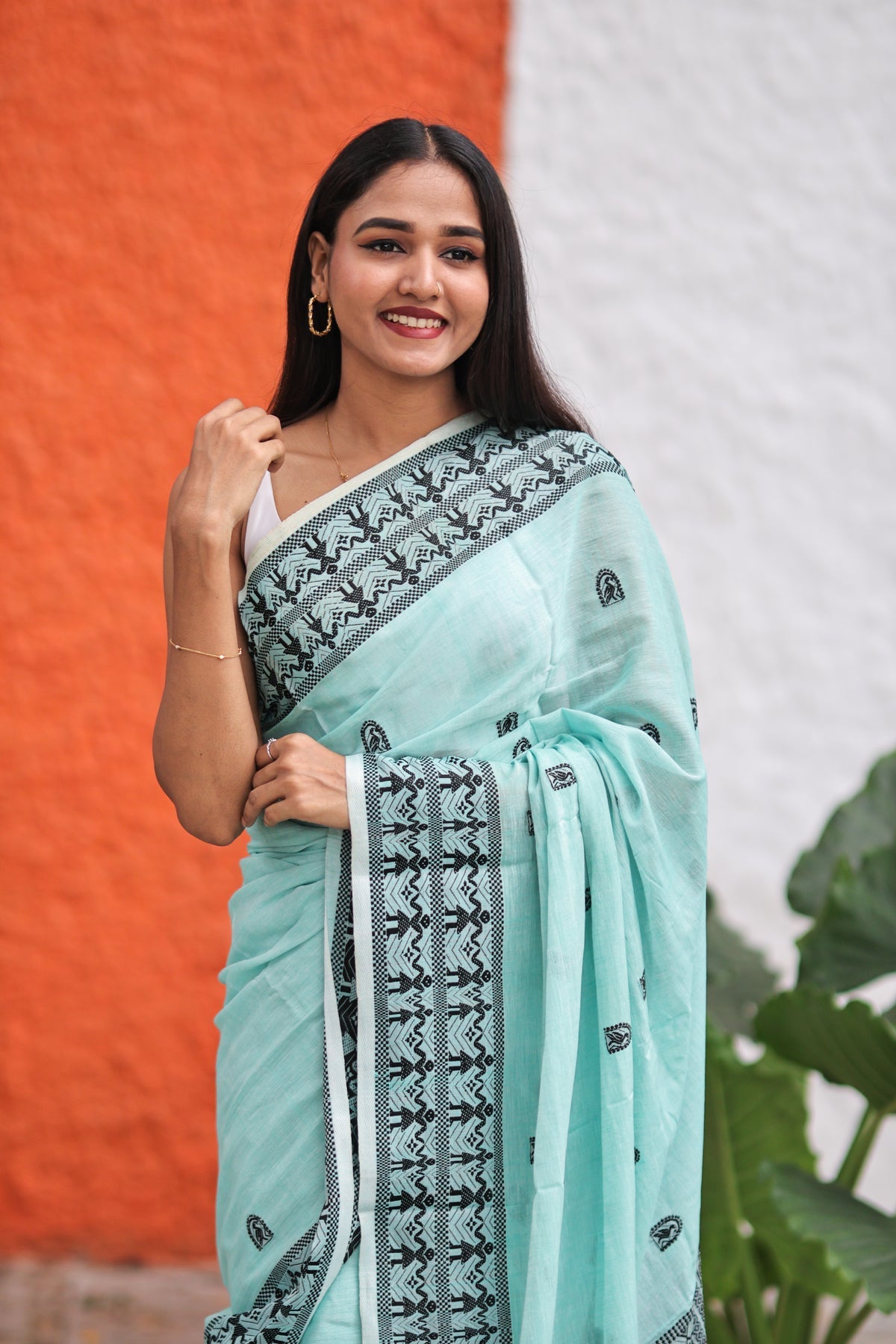 Pistachio & Black Pure Mashrise Cotton Hand Weaving Saree with blouse piece