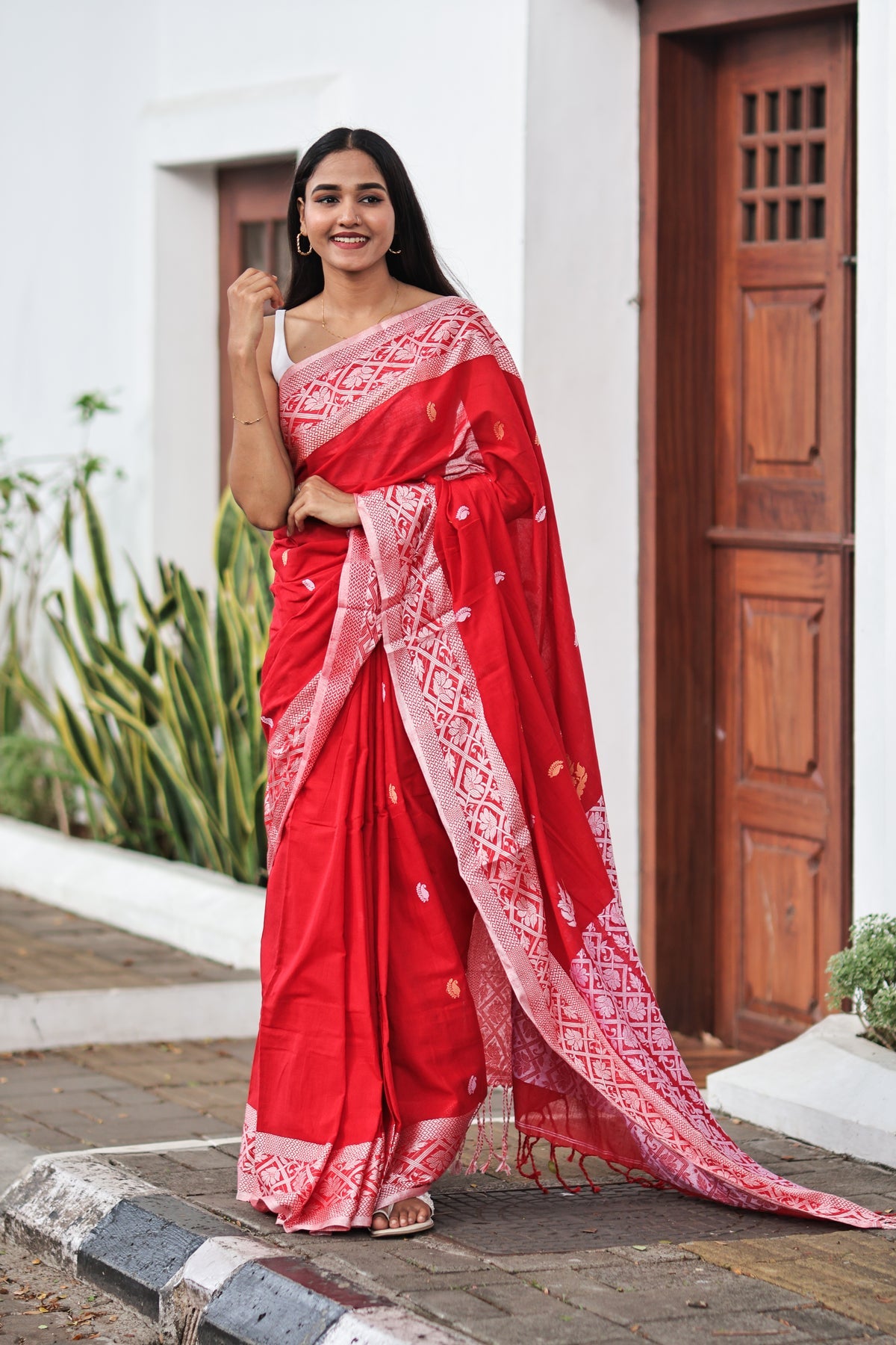 Red & white pure Mashrise Cotton Handweaving saree with blouse piece
