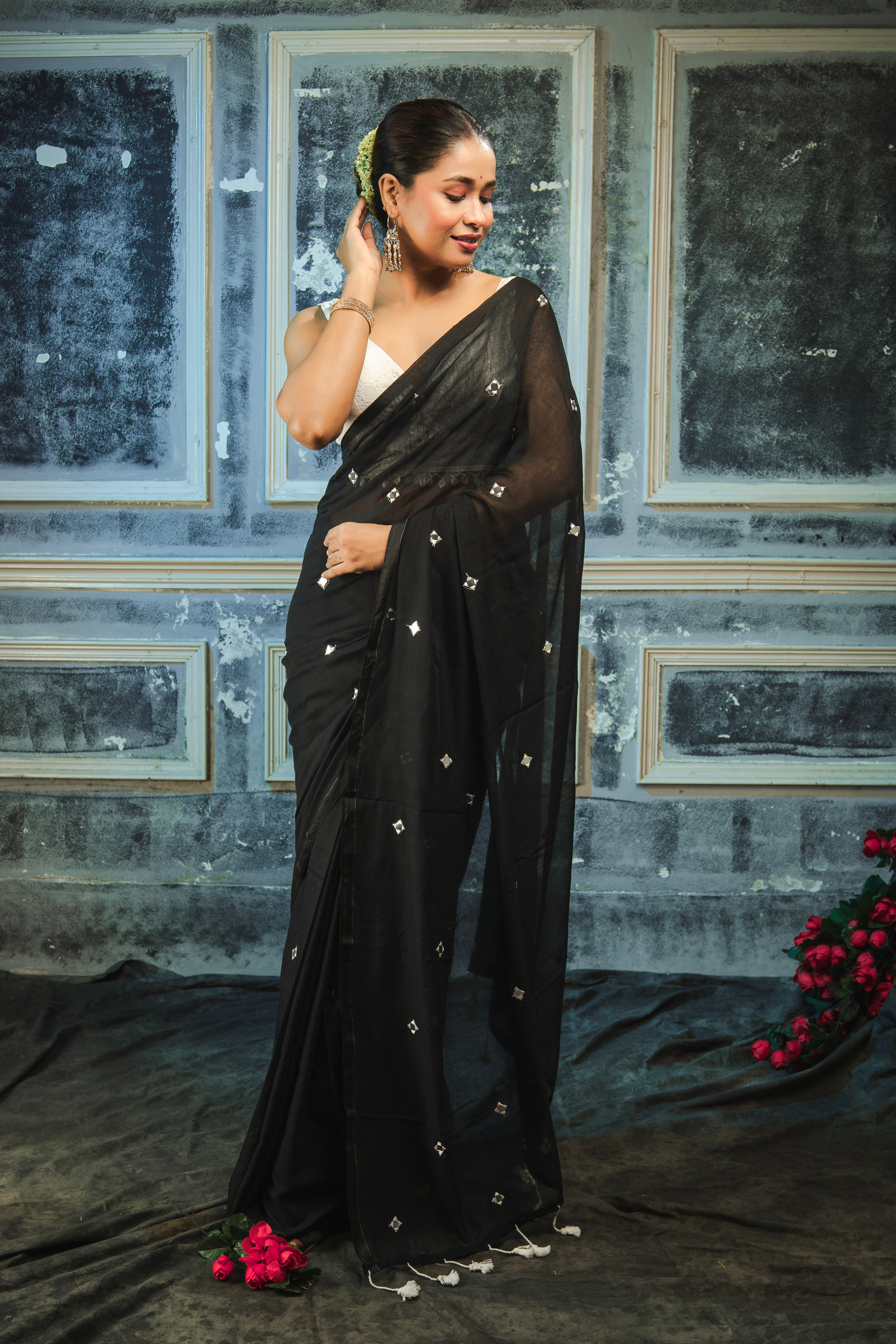 Pure Mul Cotton Mirror Work Saree- Black