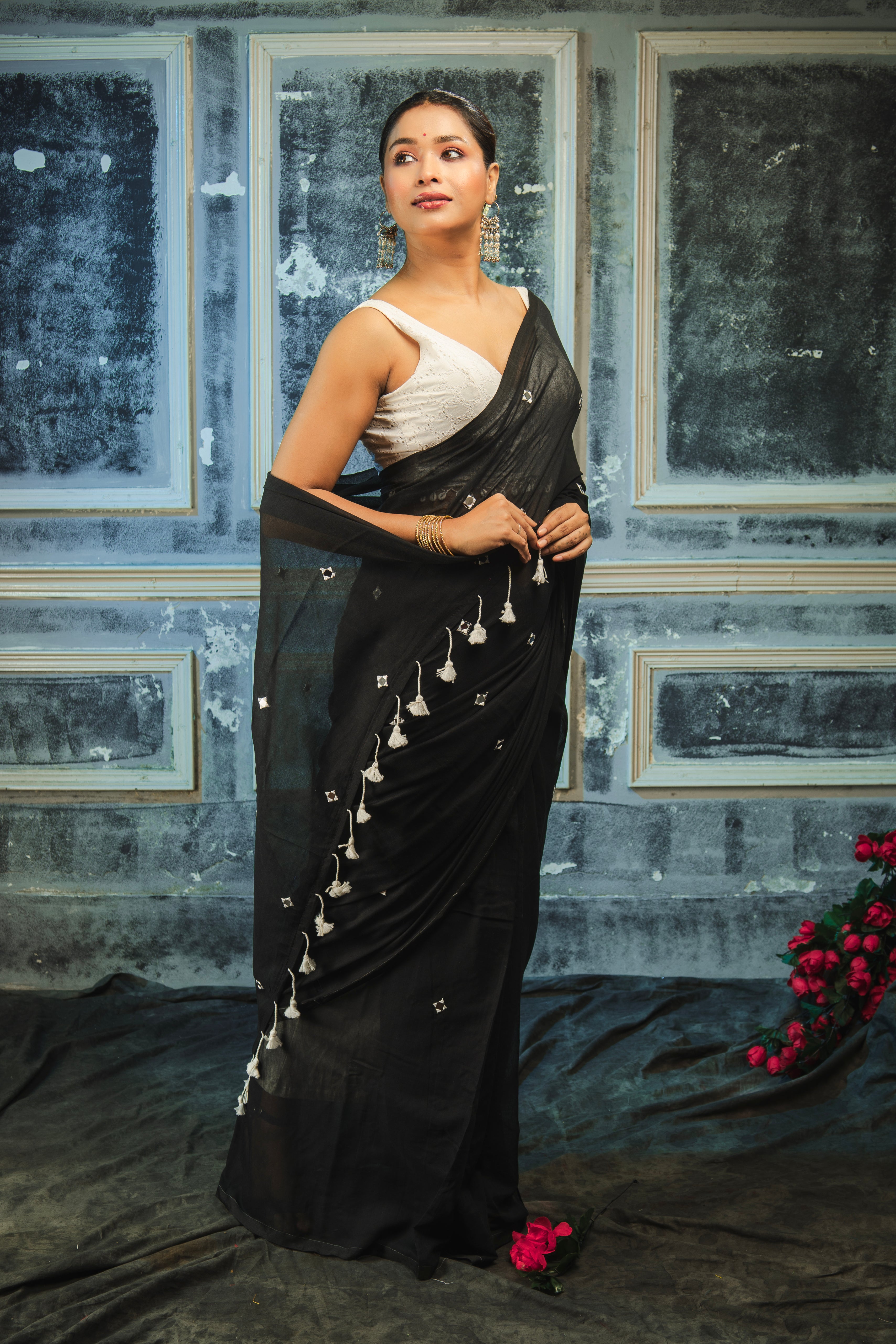 Pure Mul Cotton Mirror Work Saree- Black