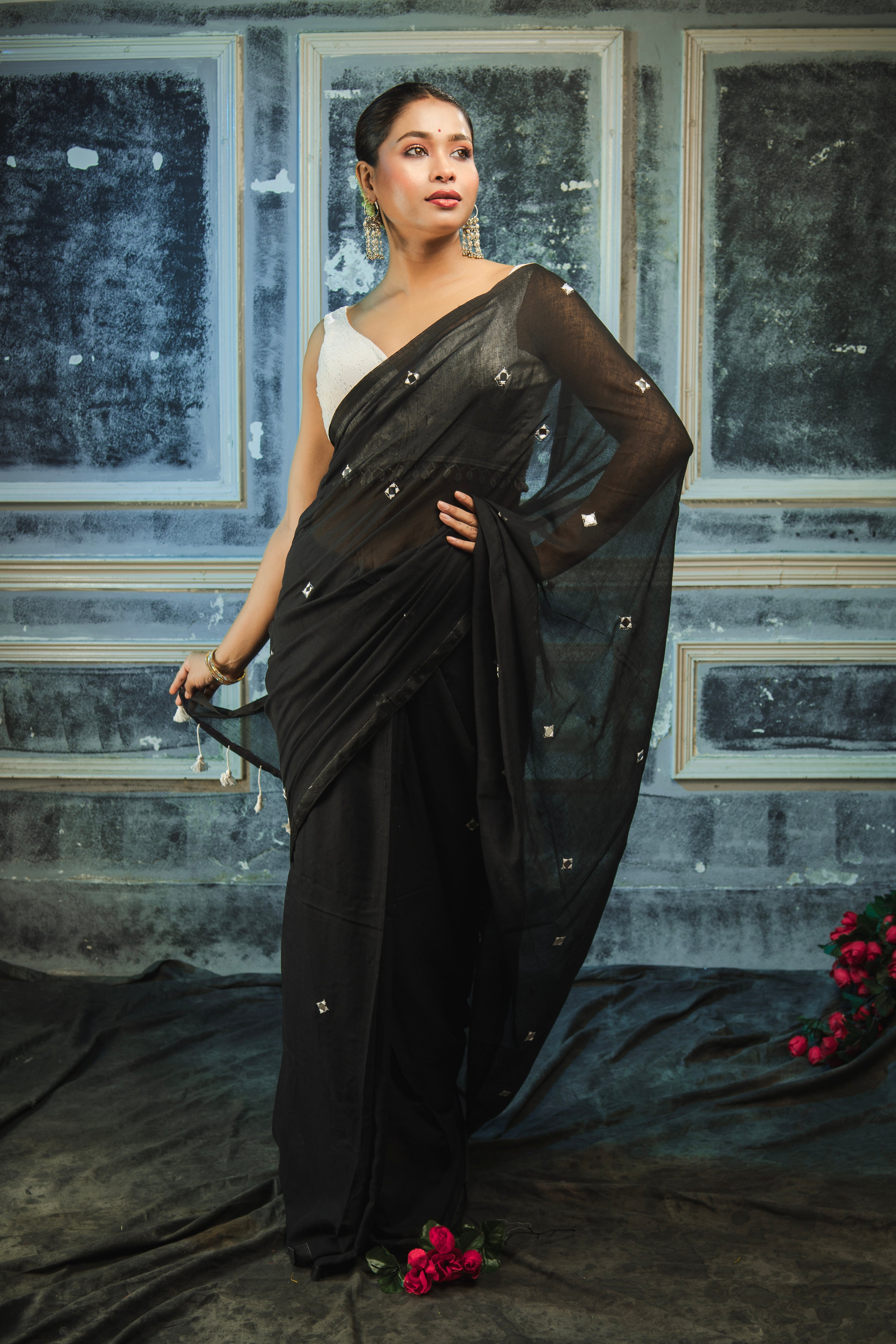 Pure Mul Cotton Mirror Work Saree- Black