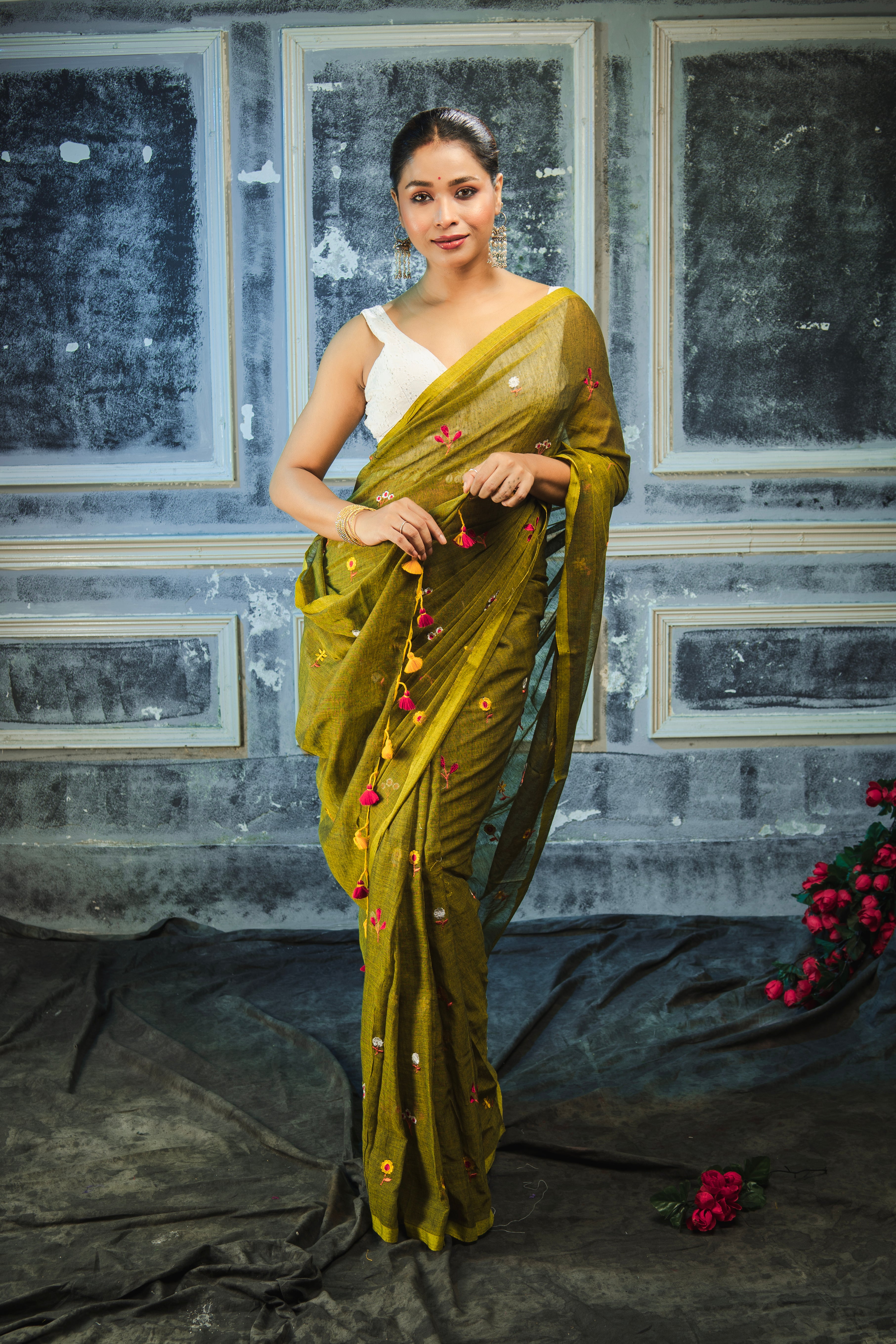 Olive Embroidered Mul Mul Cotton