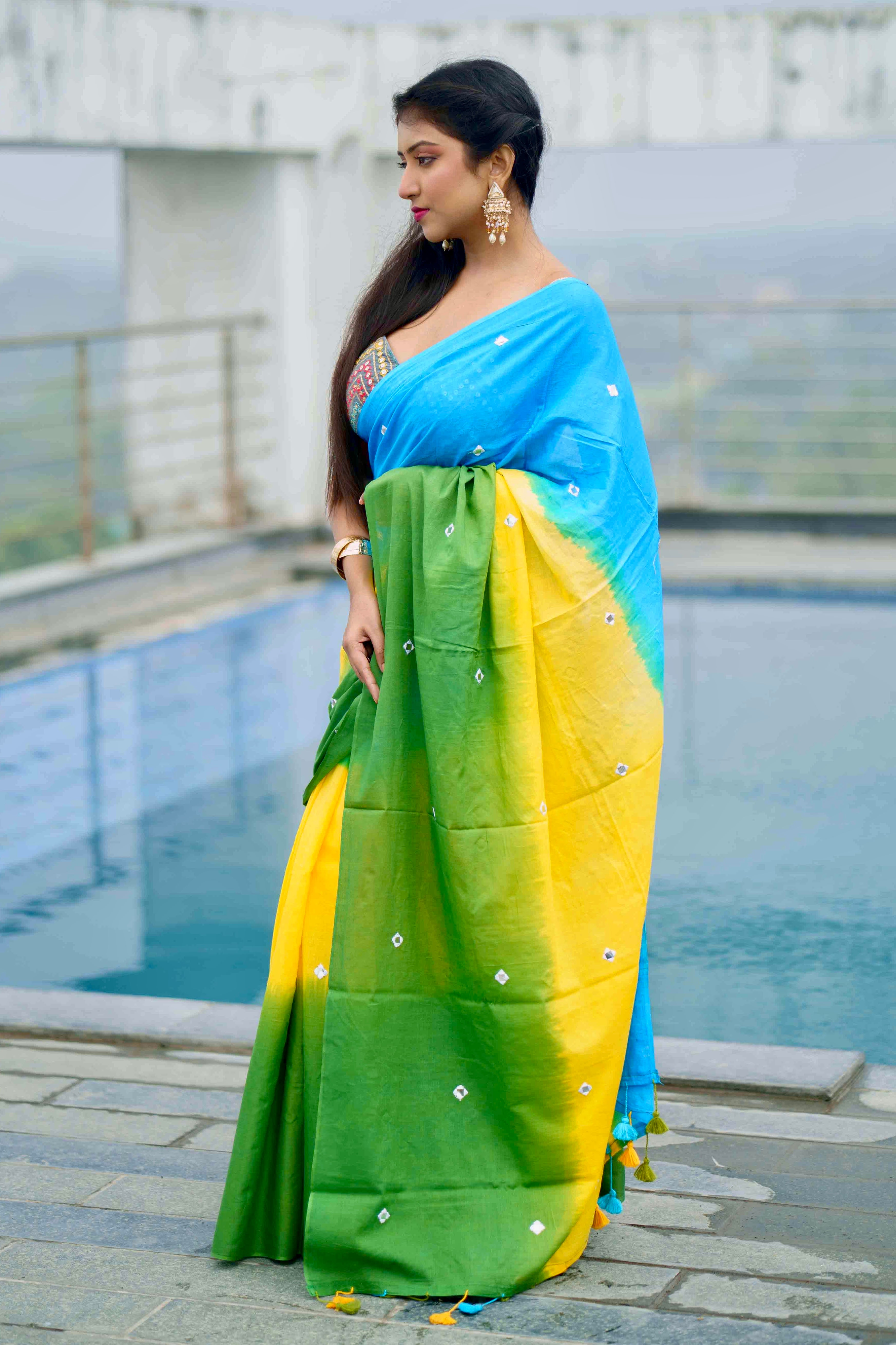 Multicolour pure mul cotton mirror work saree