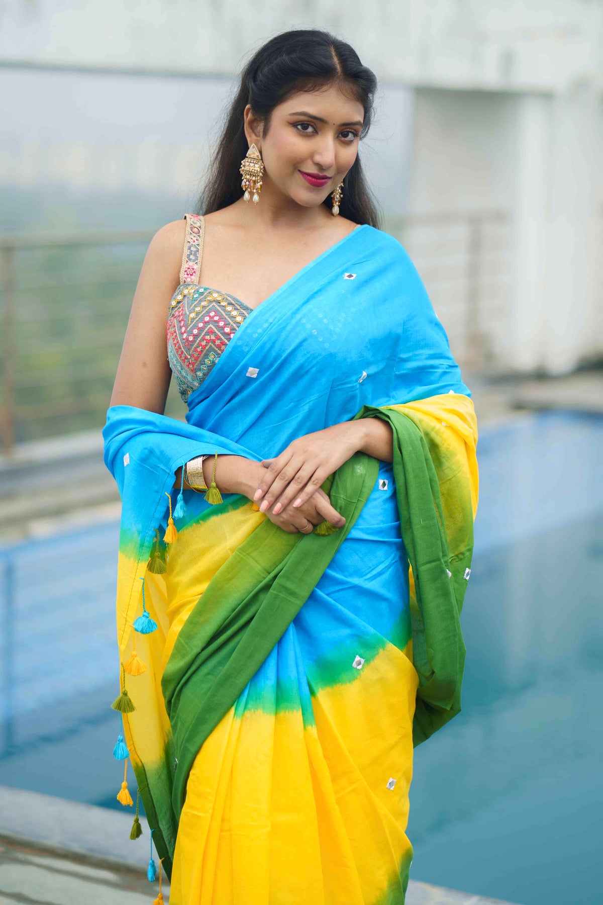 Multicolour pure mul cotton mirror work saree