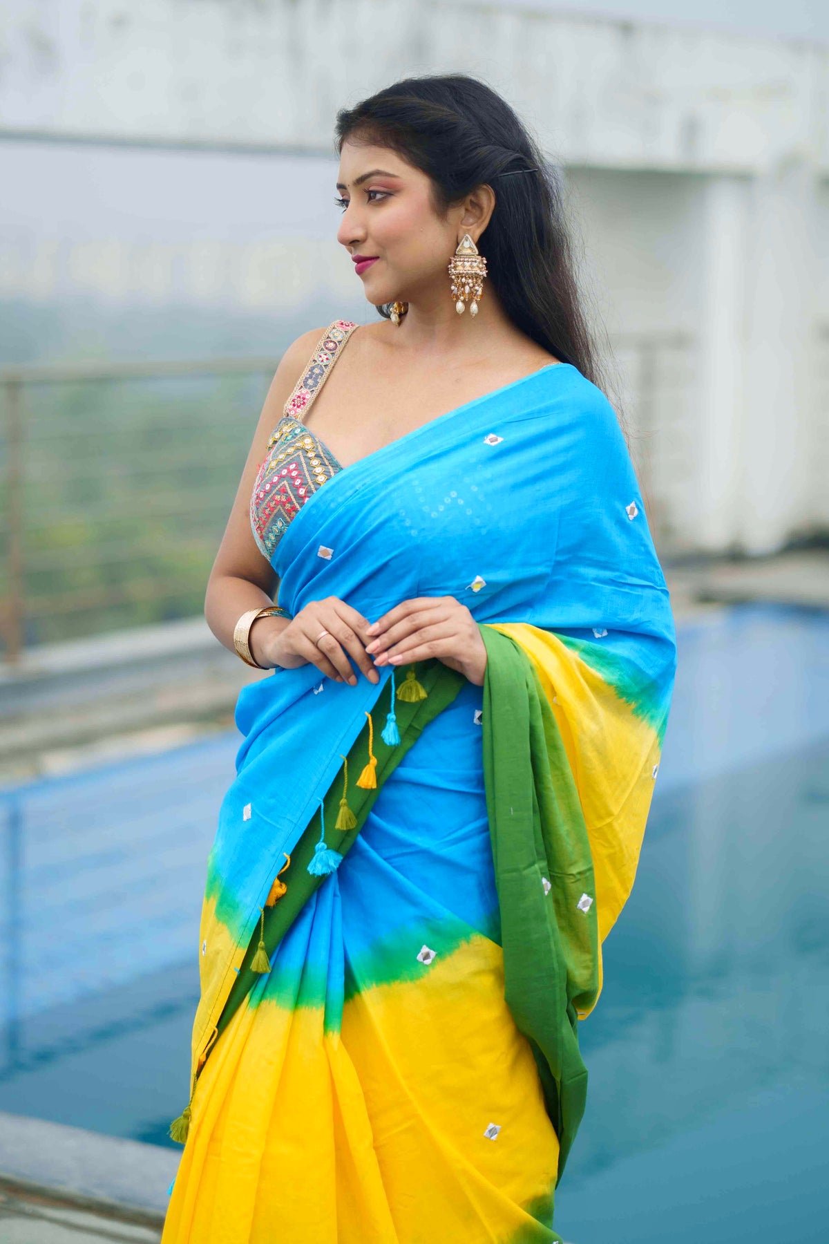 Multicolour pure mul cotton mirror work saree