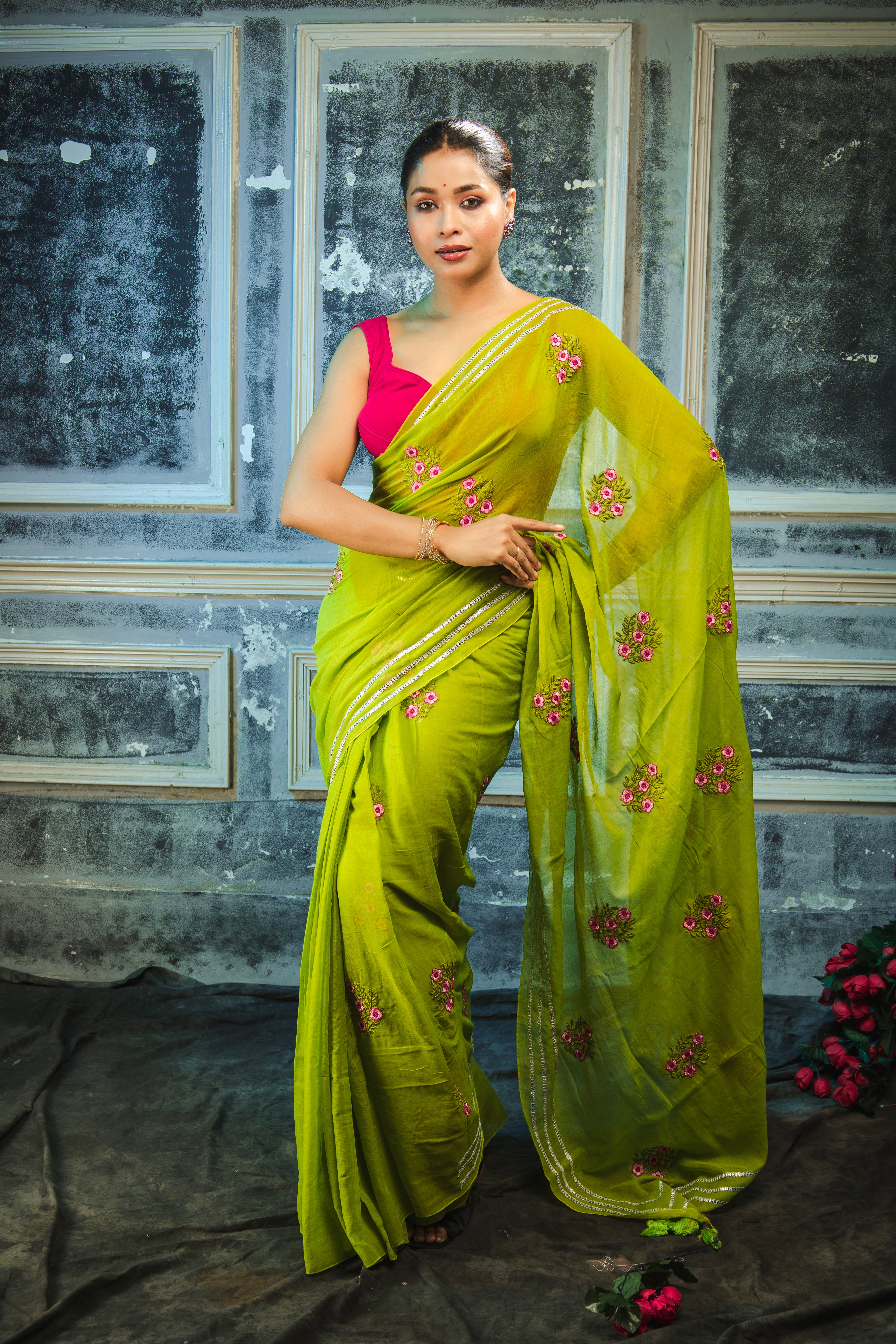 Lavanya Mul Mul Cotton Embroidery Saree- light green