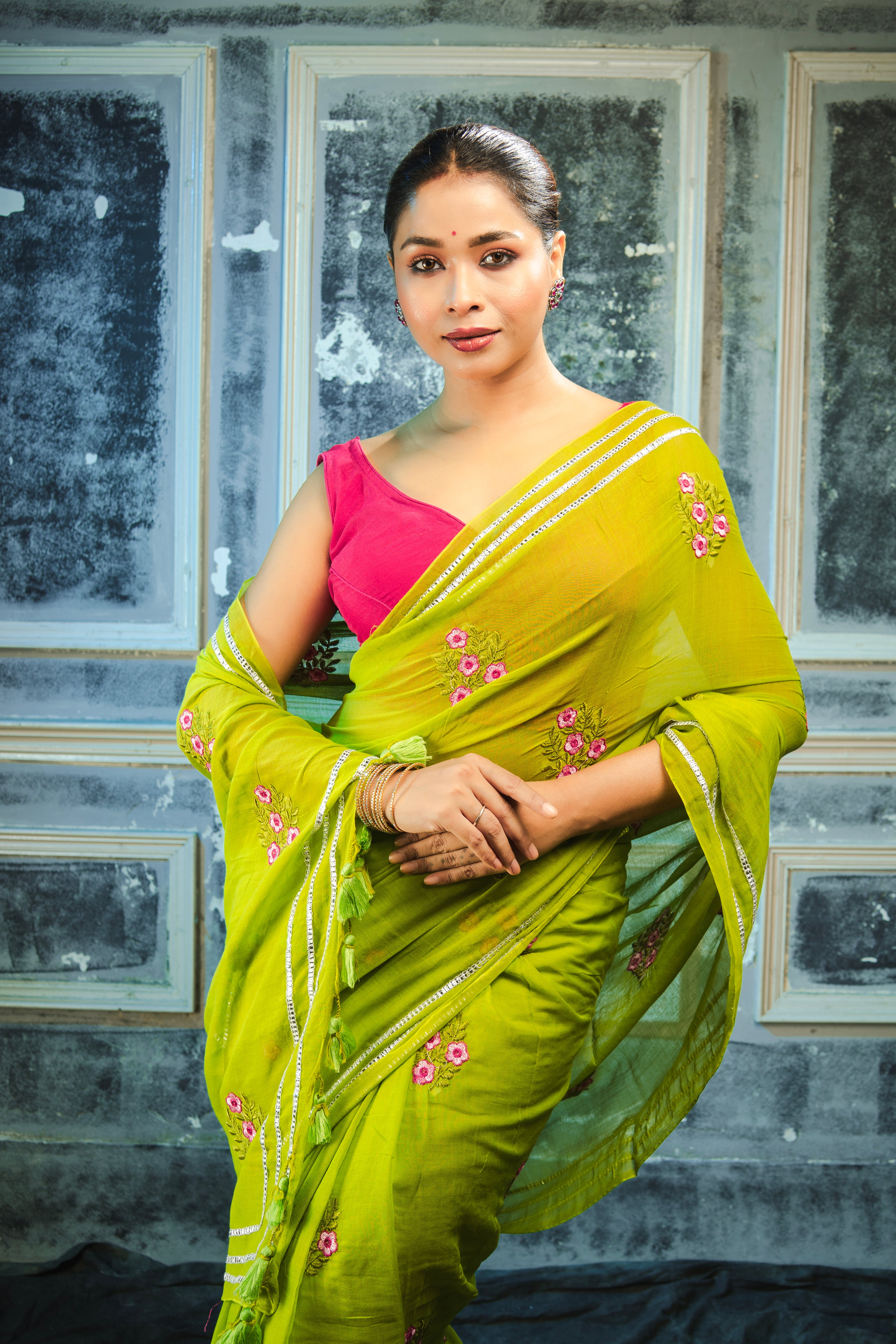 Lavanya Mul Mul Cotton Embroidery Saree- light green