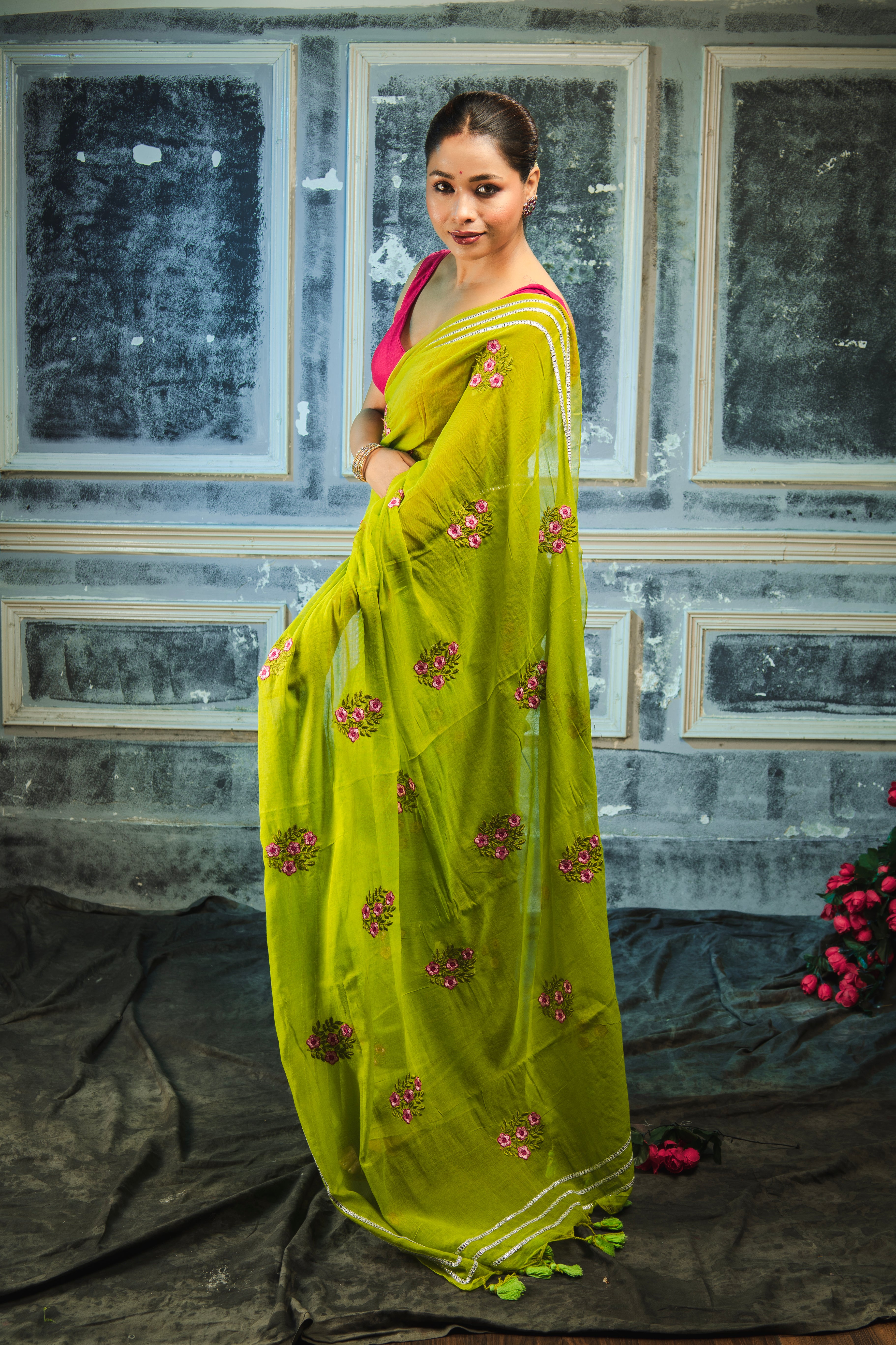 Lavanya Mul Mul Cotton Embroidery Saree- light green