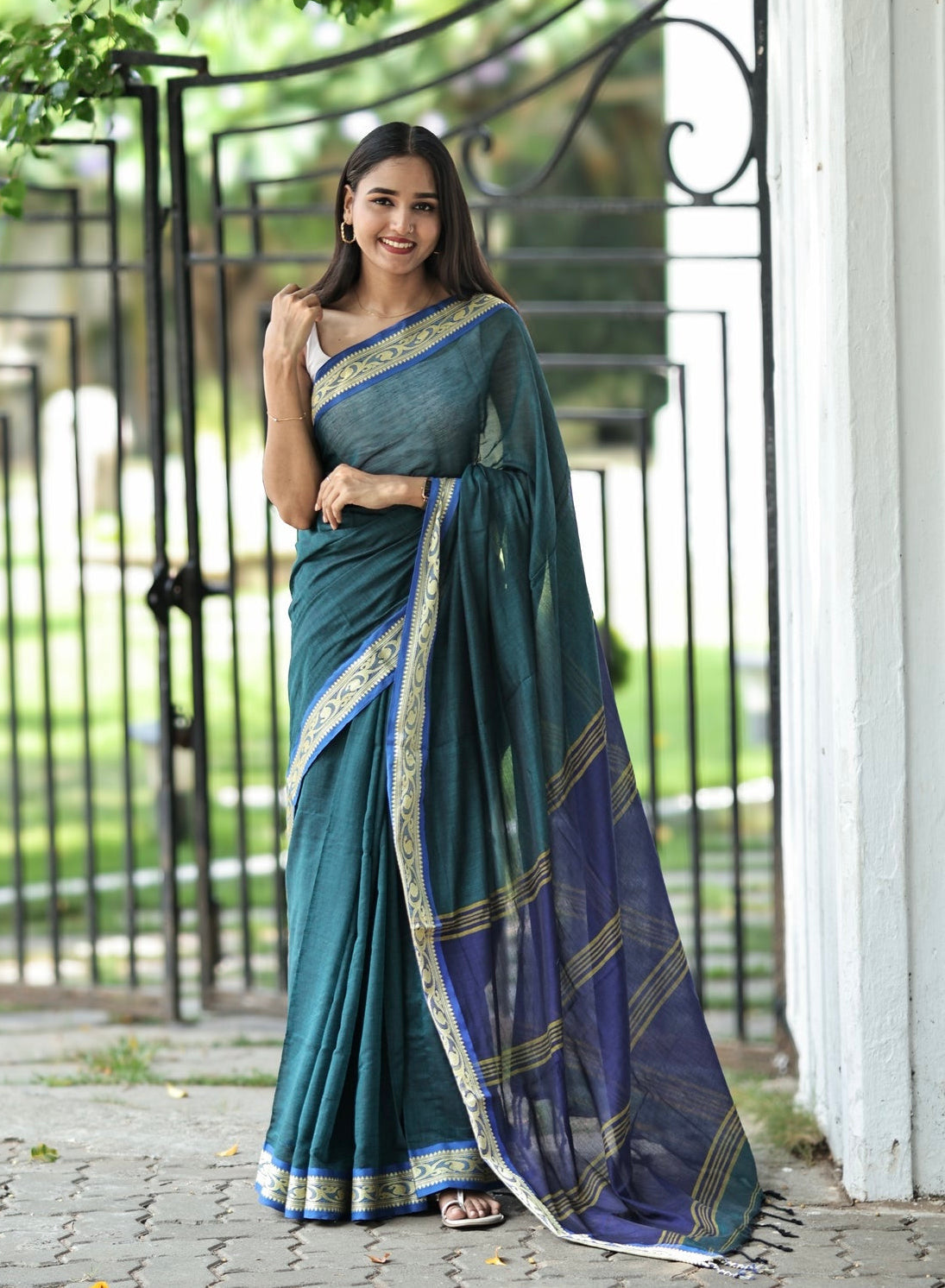 Teal Handwoven Mulmul Cotton Saree