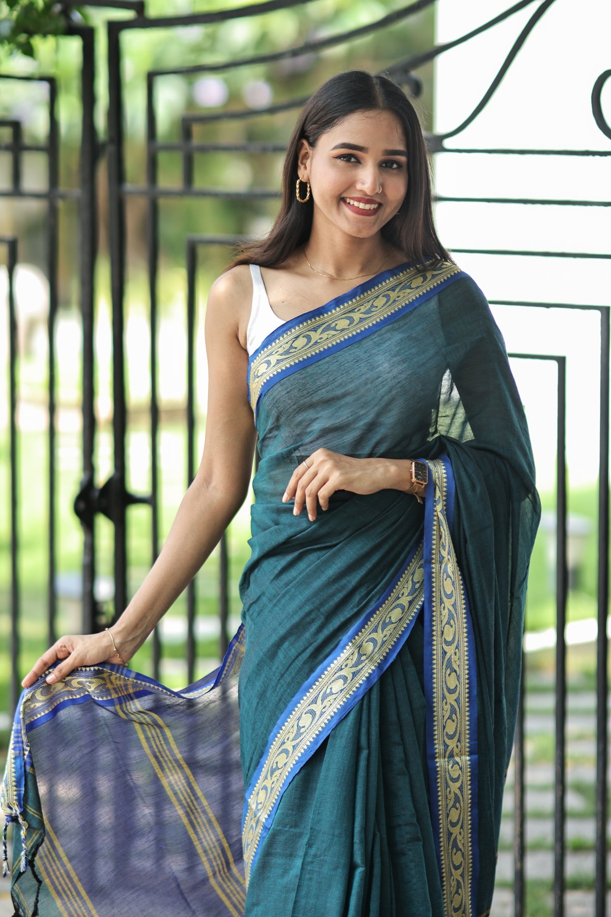 Teal Handwoven Mulmul Cotton Saree