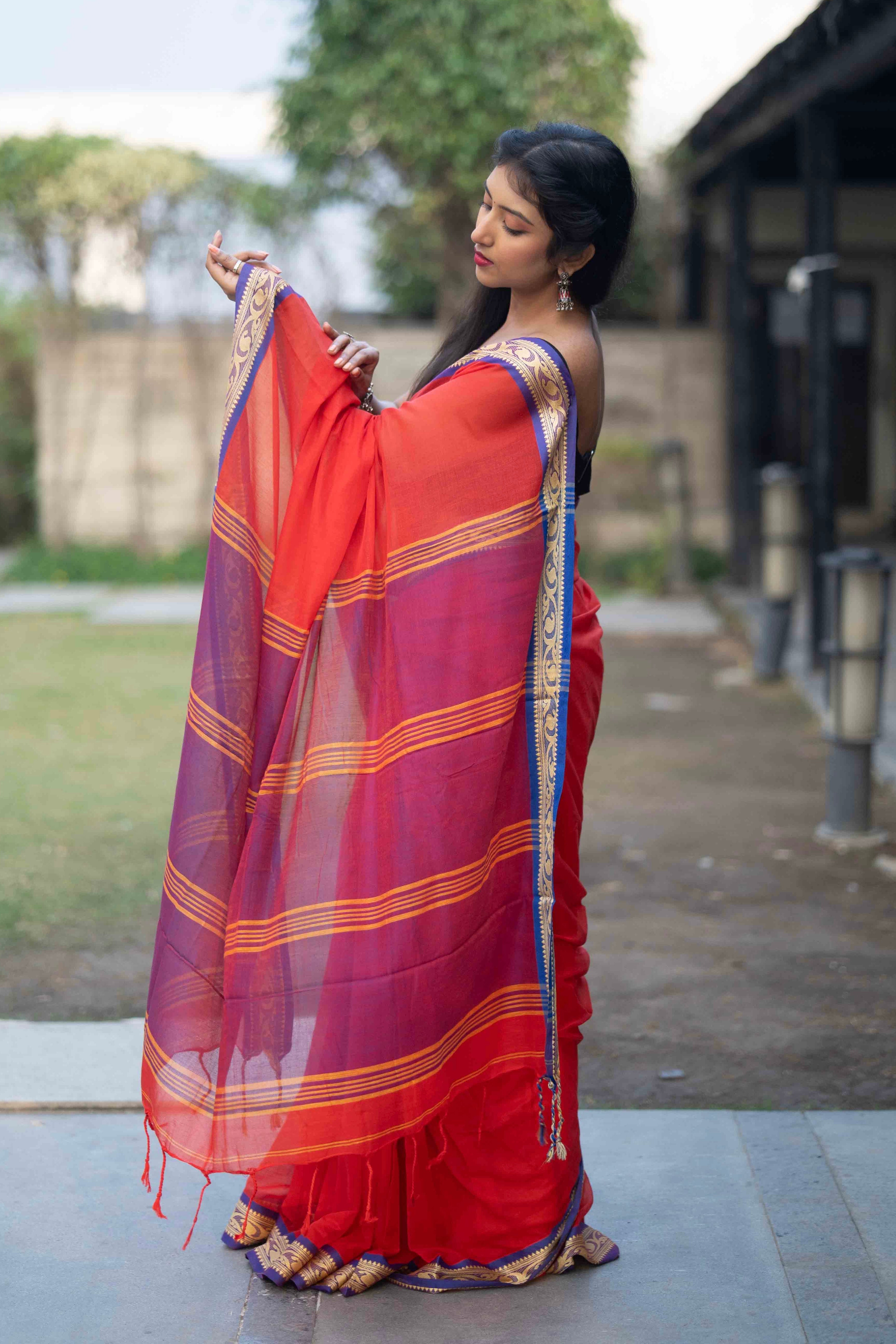 Red Handwoven Mulmul Cotton Saree