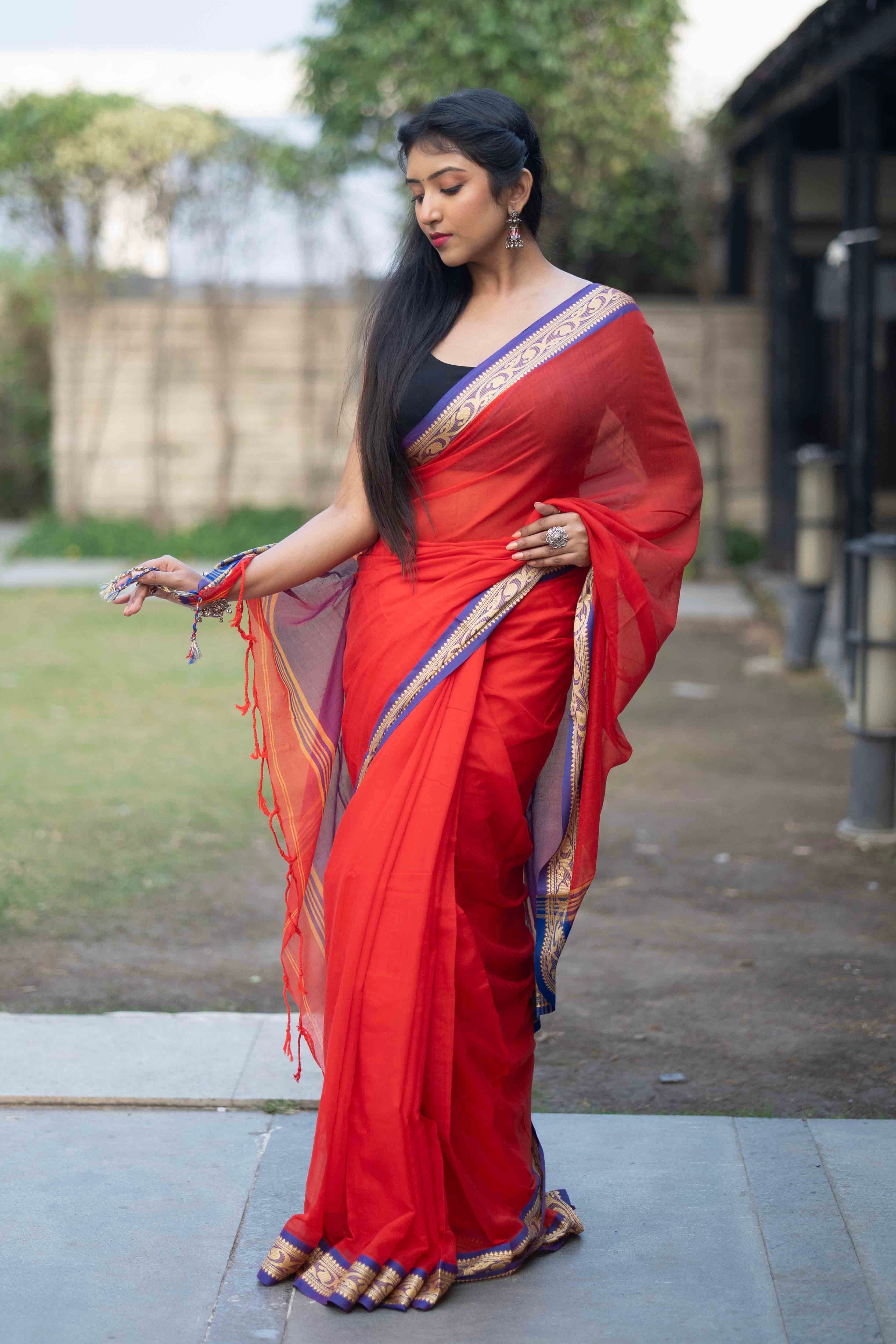 Red Handwoven Mulmul Cotton Saree