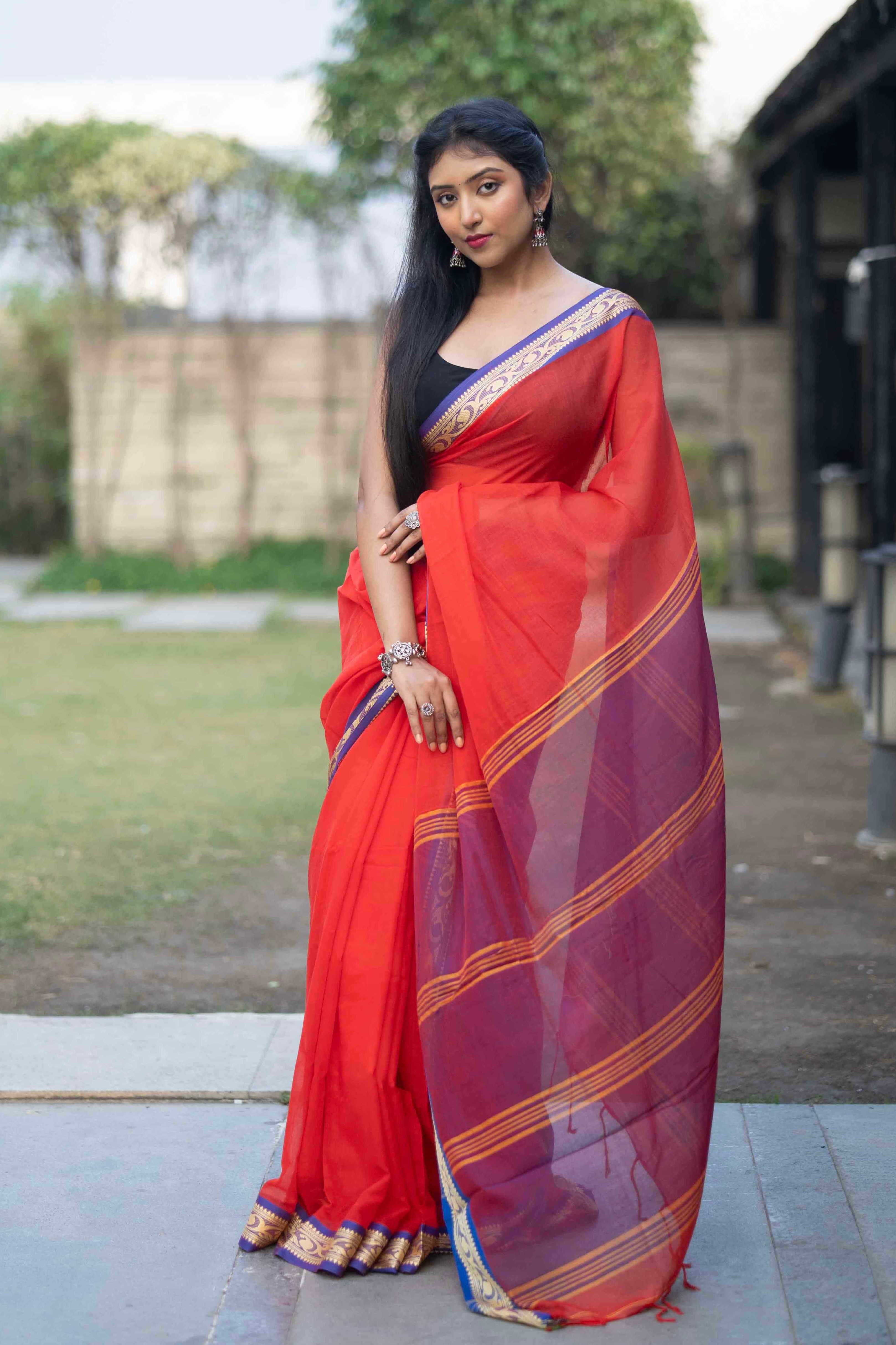 Red Handwoven Mulmul Cotton Saree