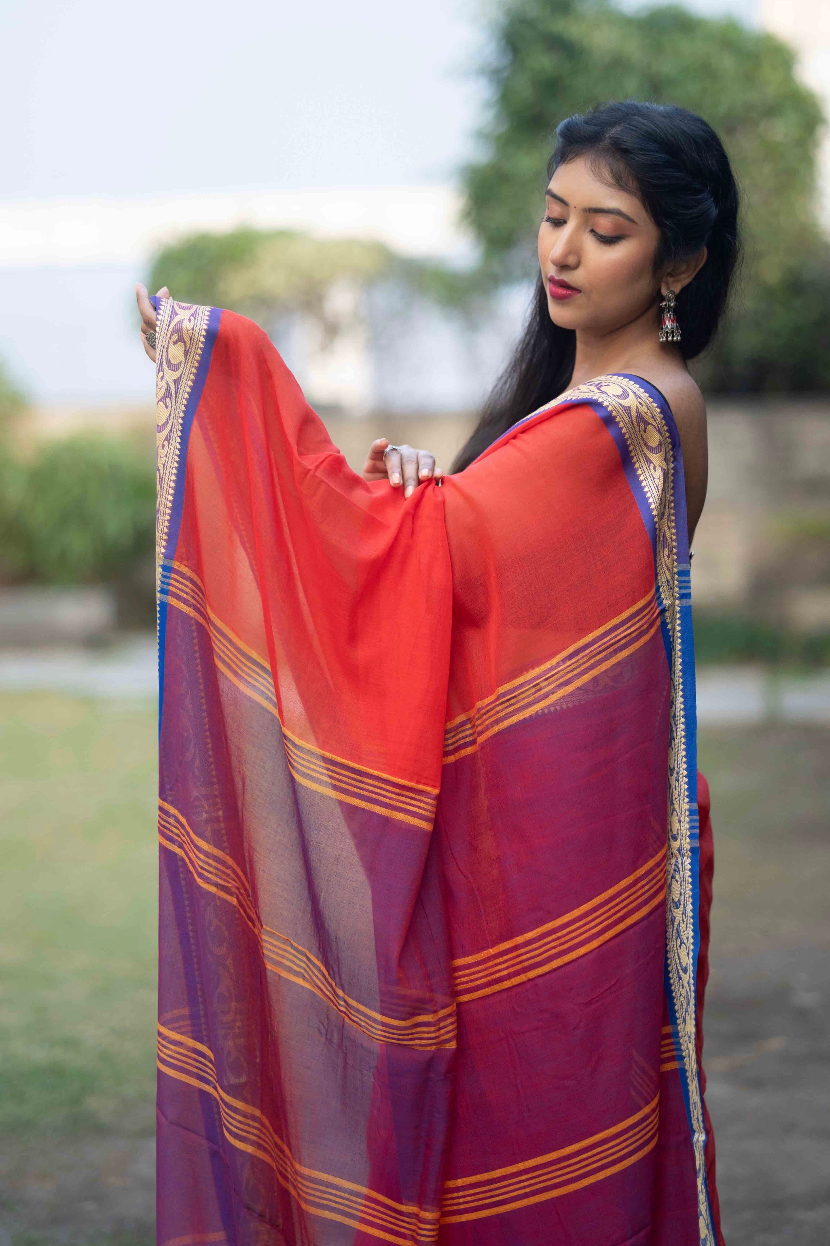 Red Handwoven Mulmul Cotton Saree