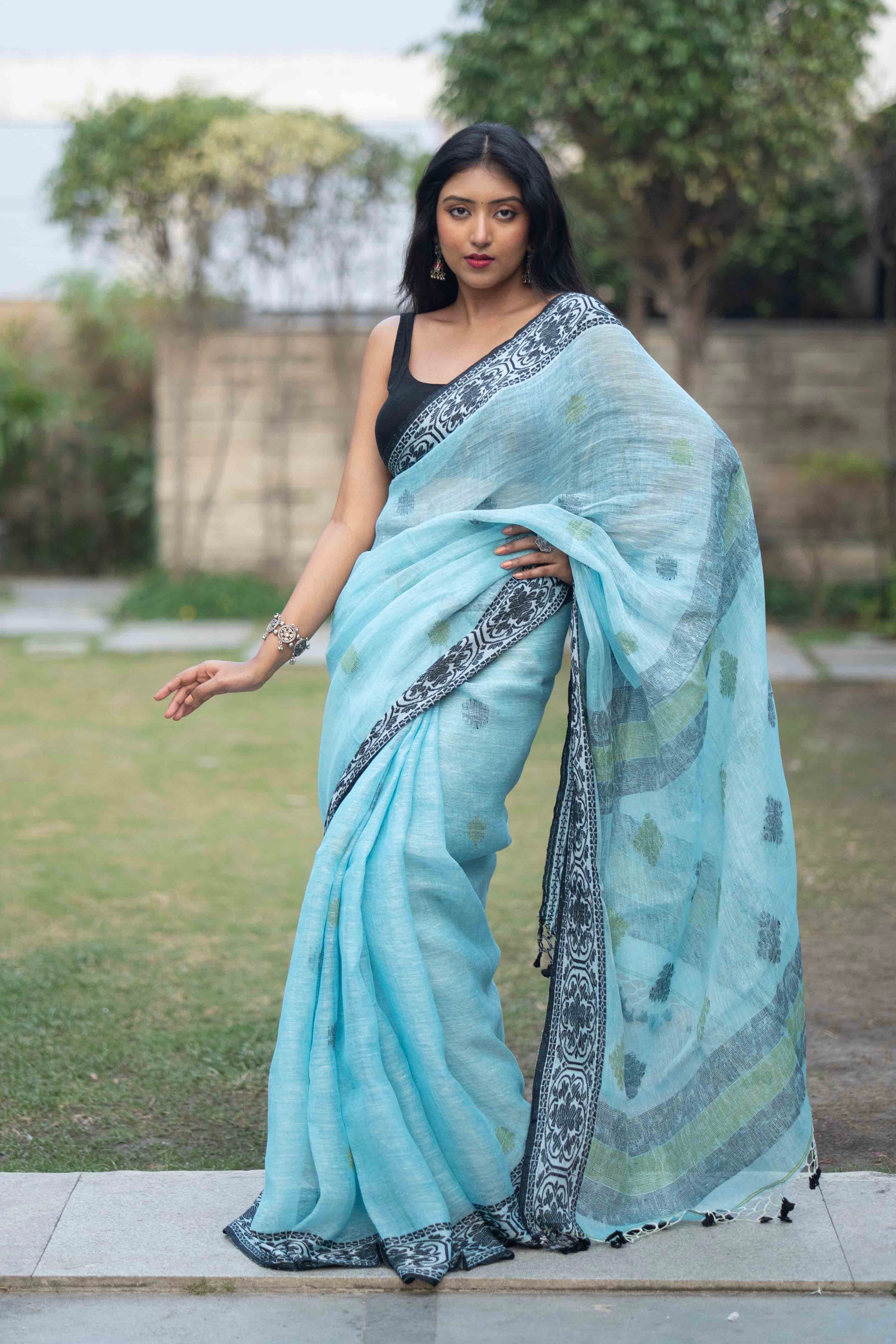 Sky Blue & Black Linen Woven Jamdani Saree with blouse piece
