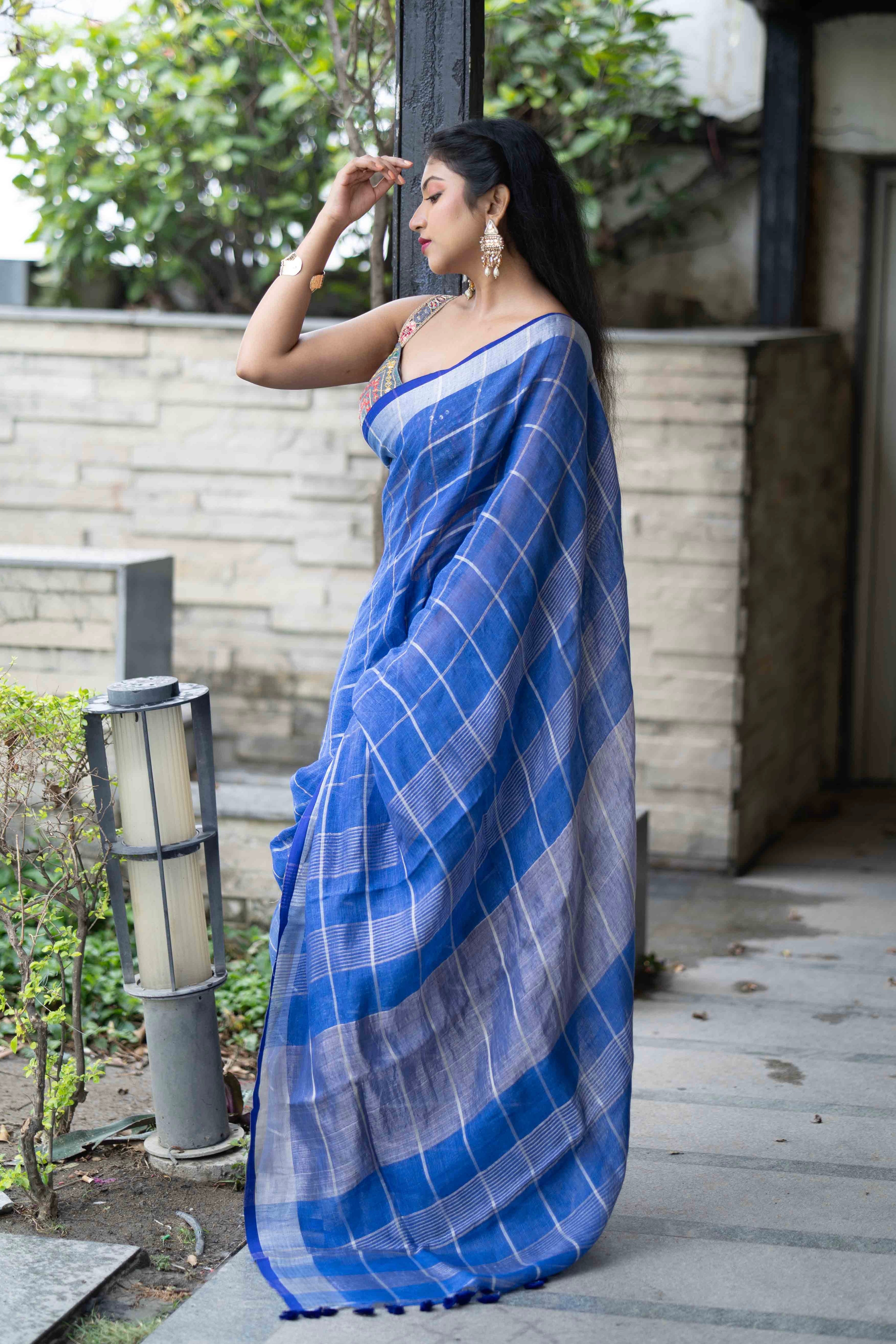 Blue All-Over silver zari Check linen Saree with blouse piece