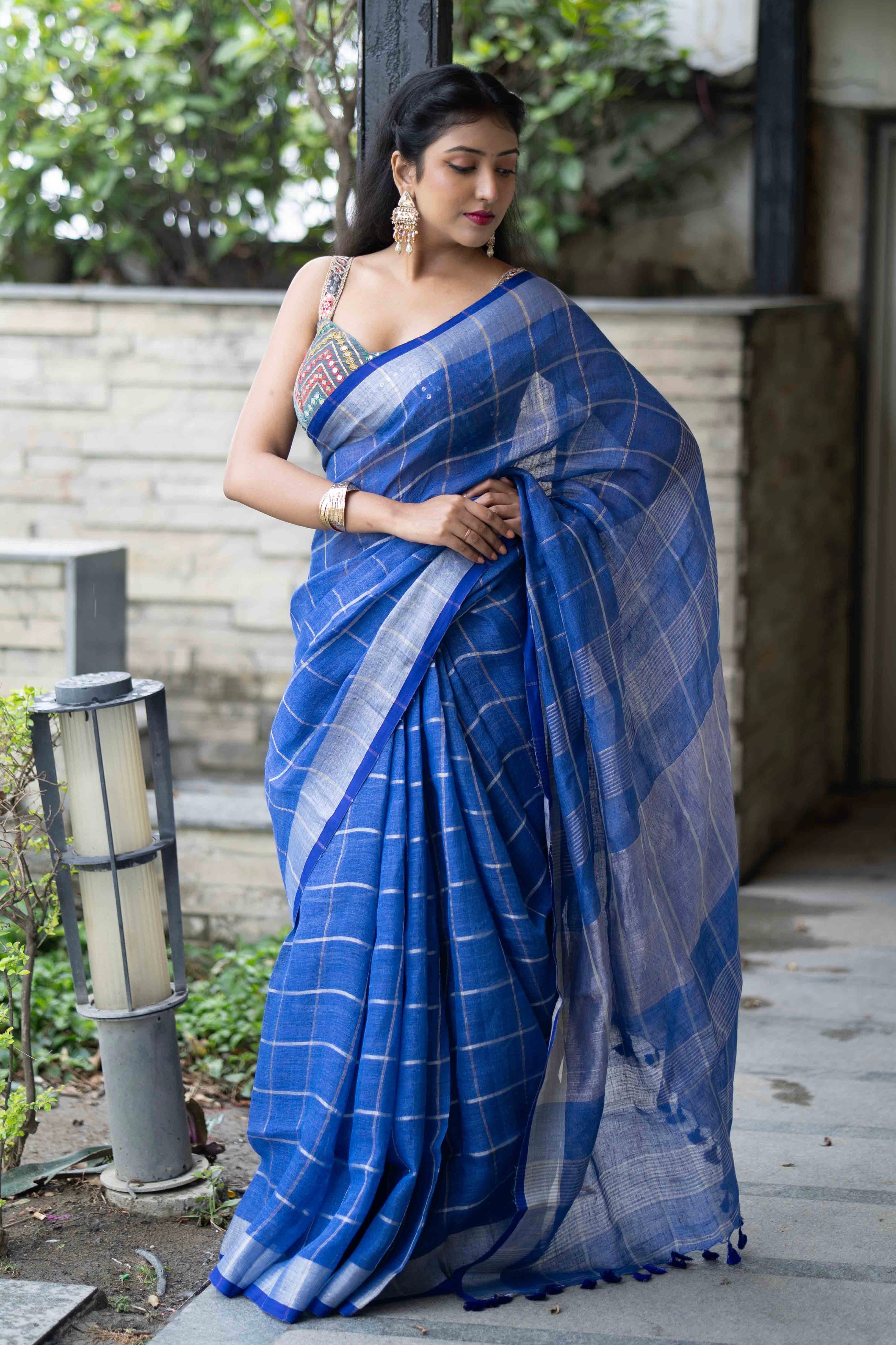Blue All-Over silver zari Check linen Saree with blouse piece