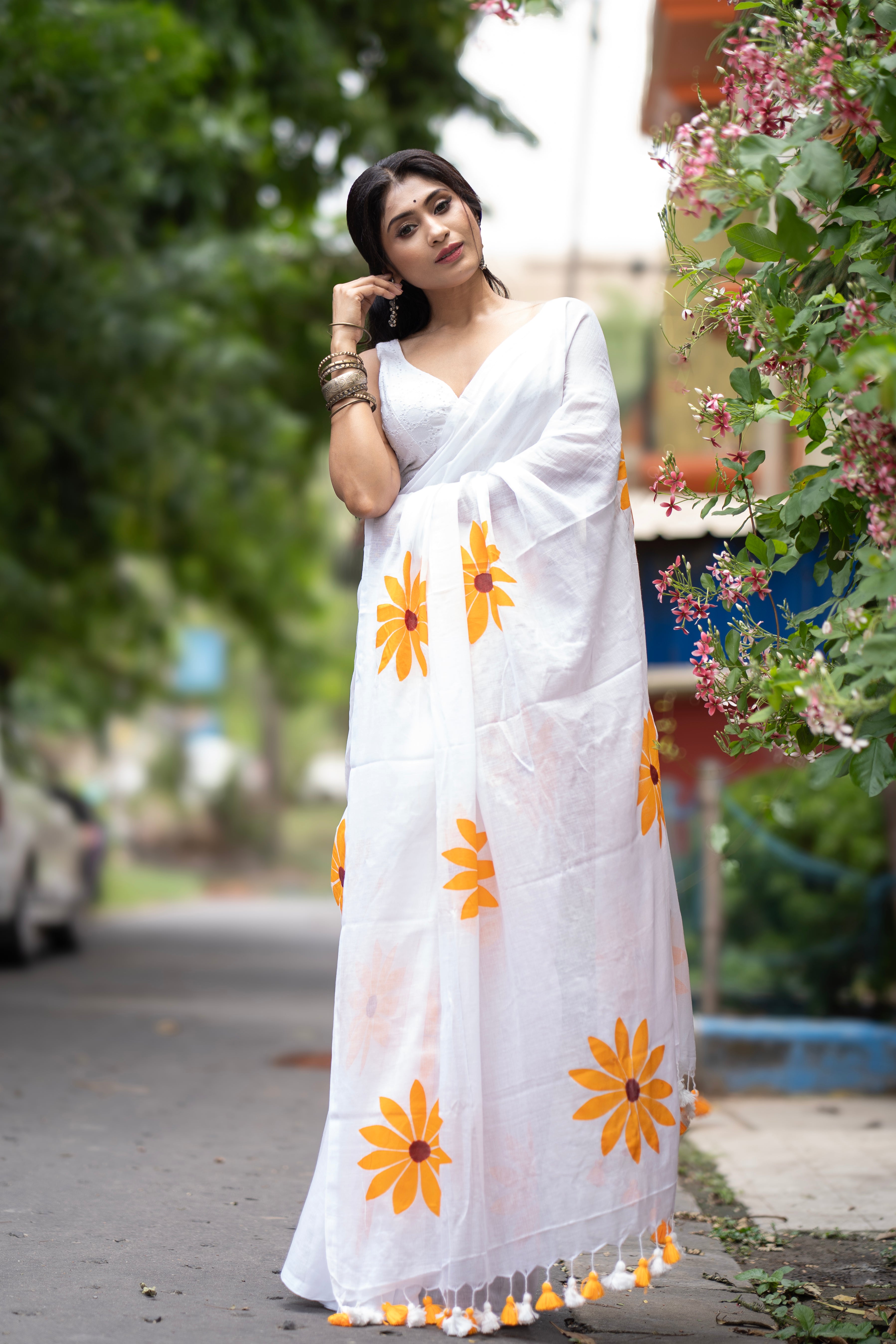 White Hand Printed sunflowers mulmul cotton saree