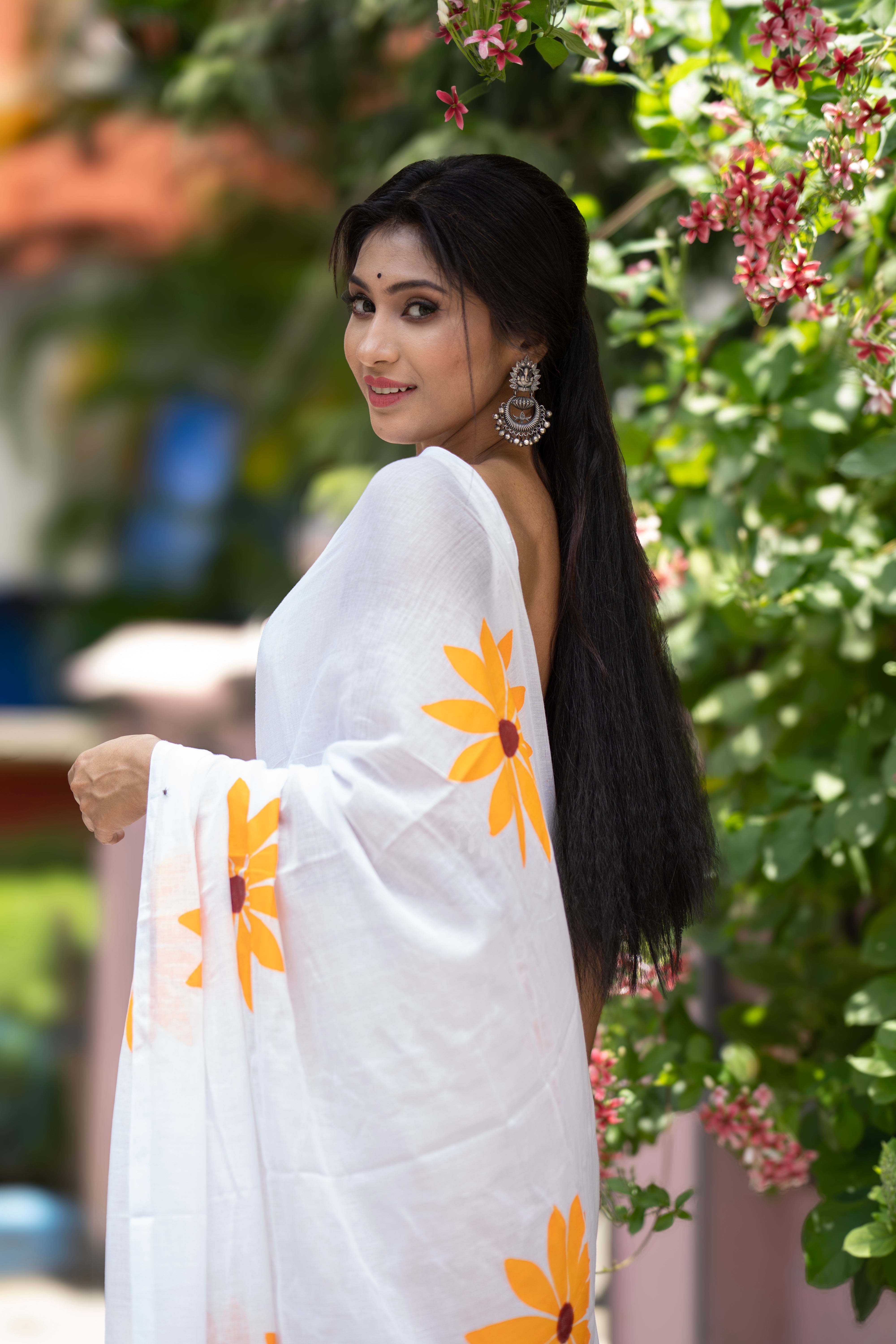 White Hand Printed sunflowers mulmul cotton saree