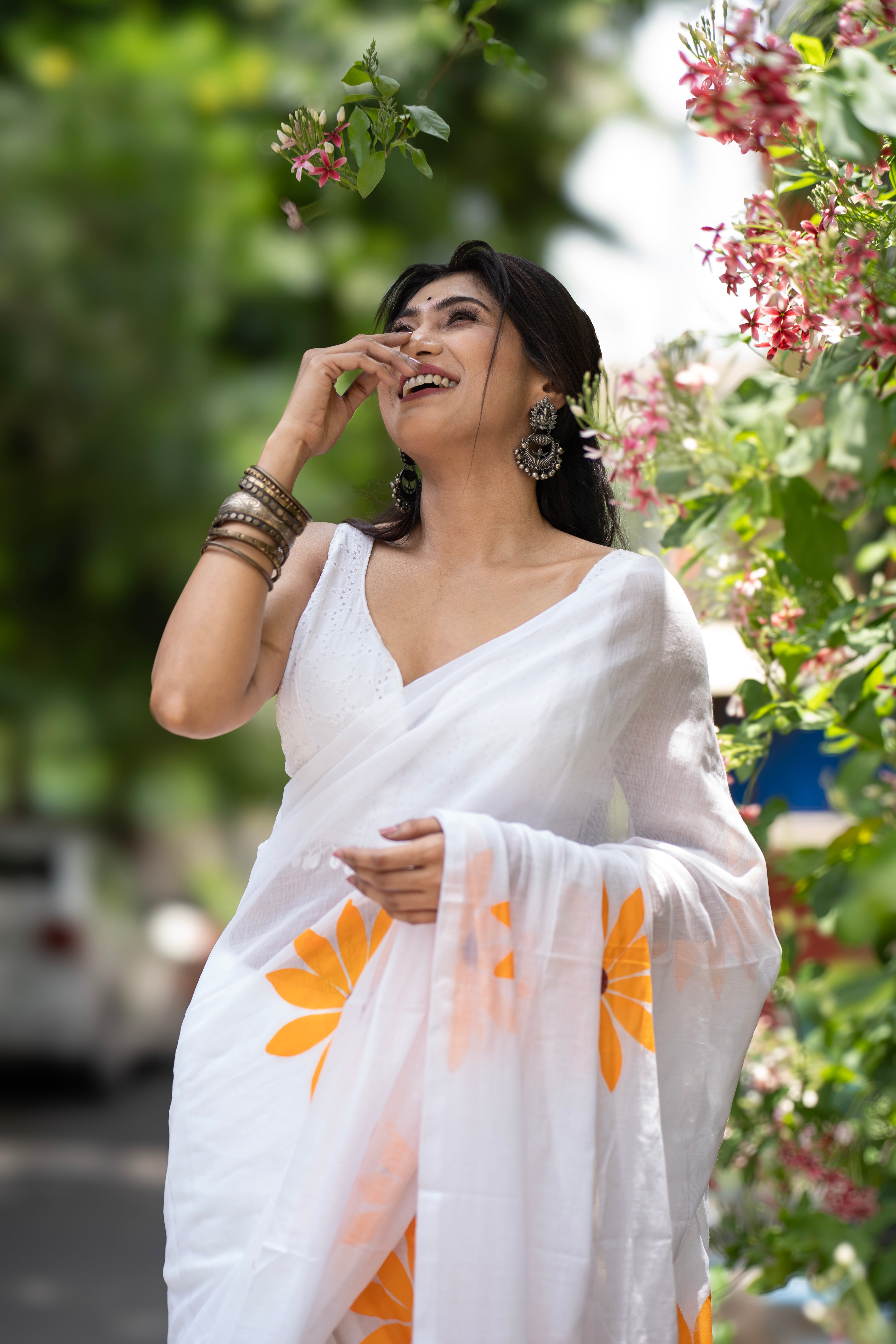 White Hand Printed sunflowers mulmul cotton saree
