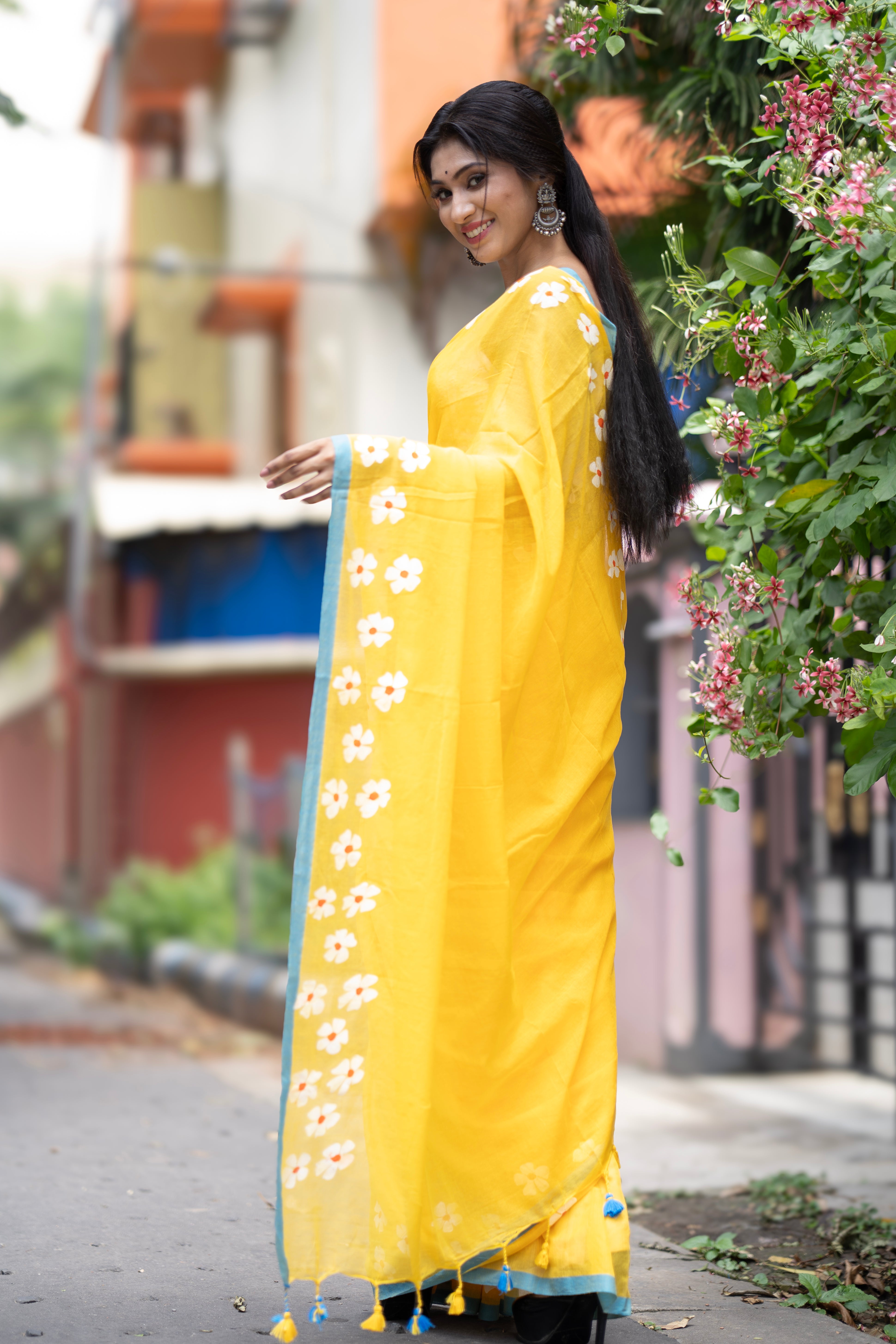 Phoolvalli Hand Printed Mul Mul Cotton Saree-yellow