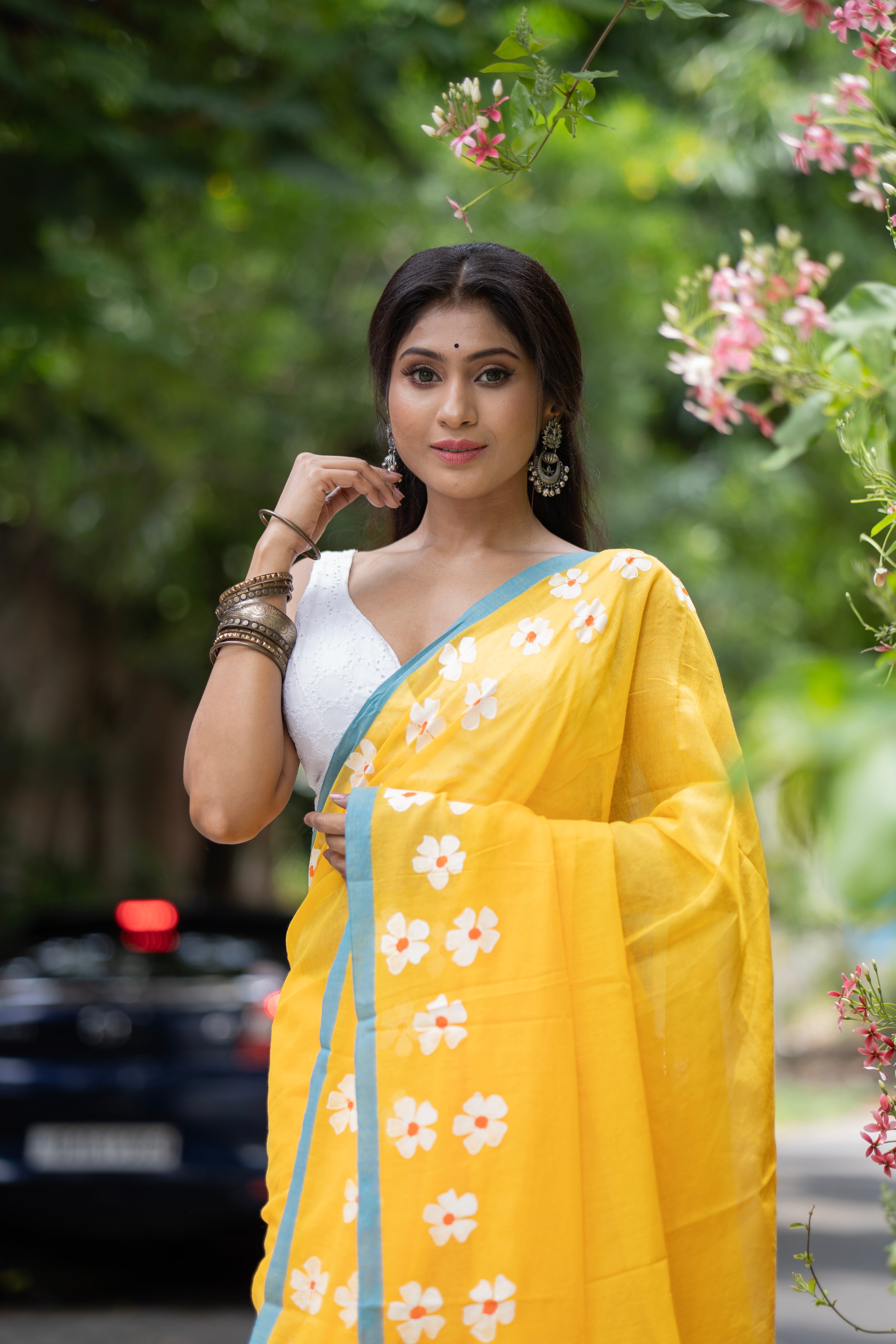 Phoolvalli Hand Printed Mul Mul Cotton Saree-yellow