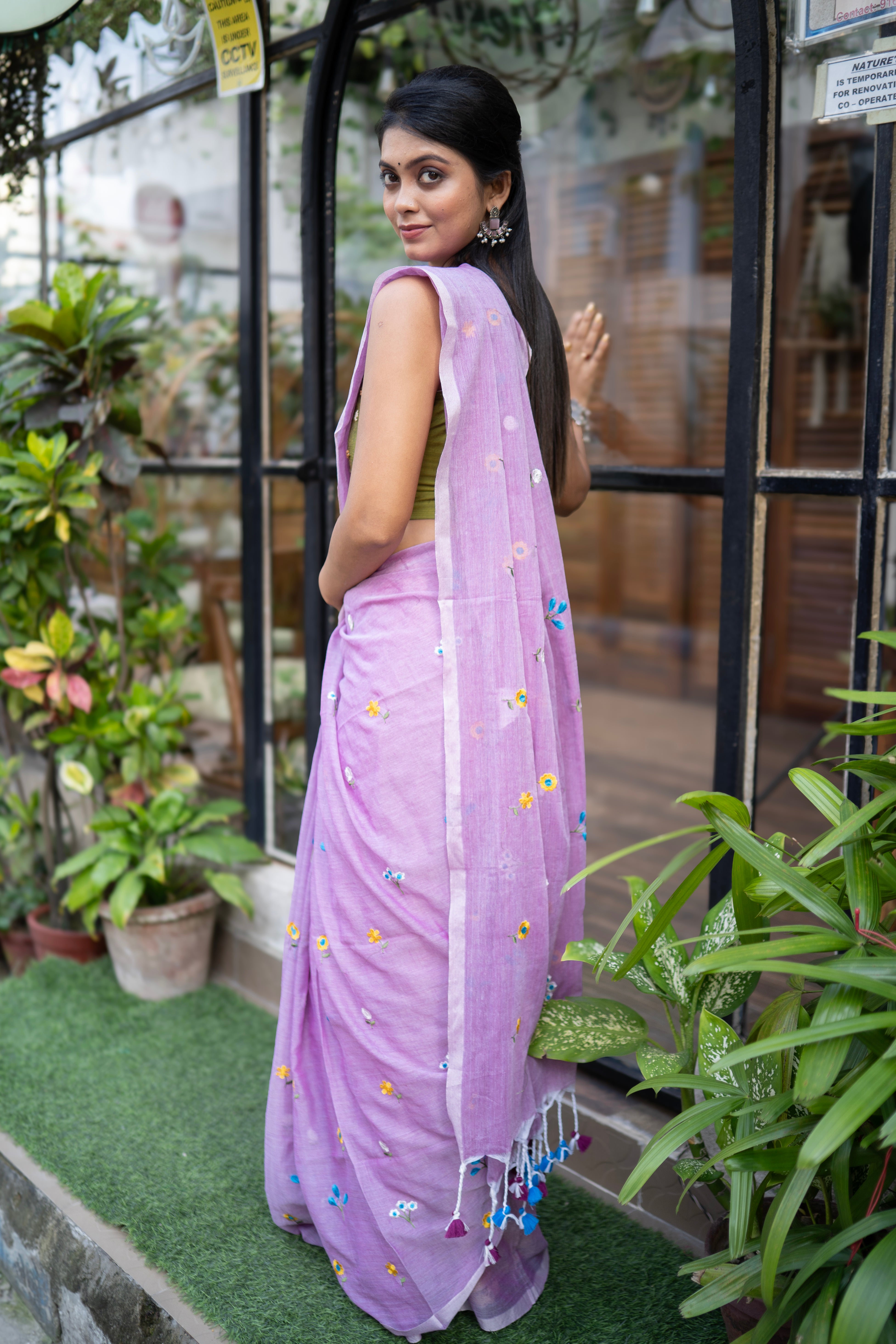 Lavender Embroidered Pure Mul Cotton Saree