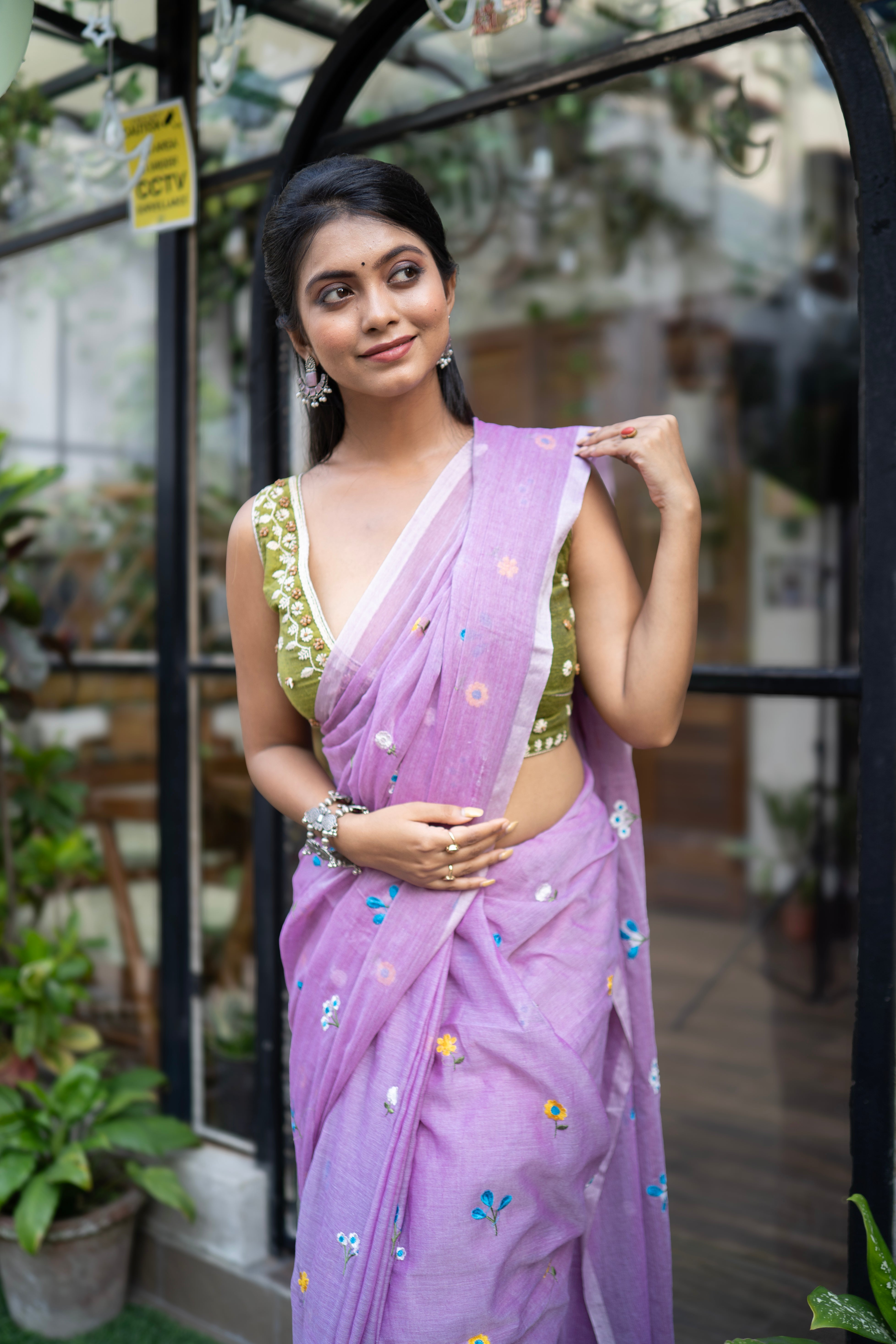 Lavender Embroidered Pure Mul Cotton Saree