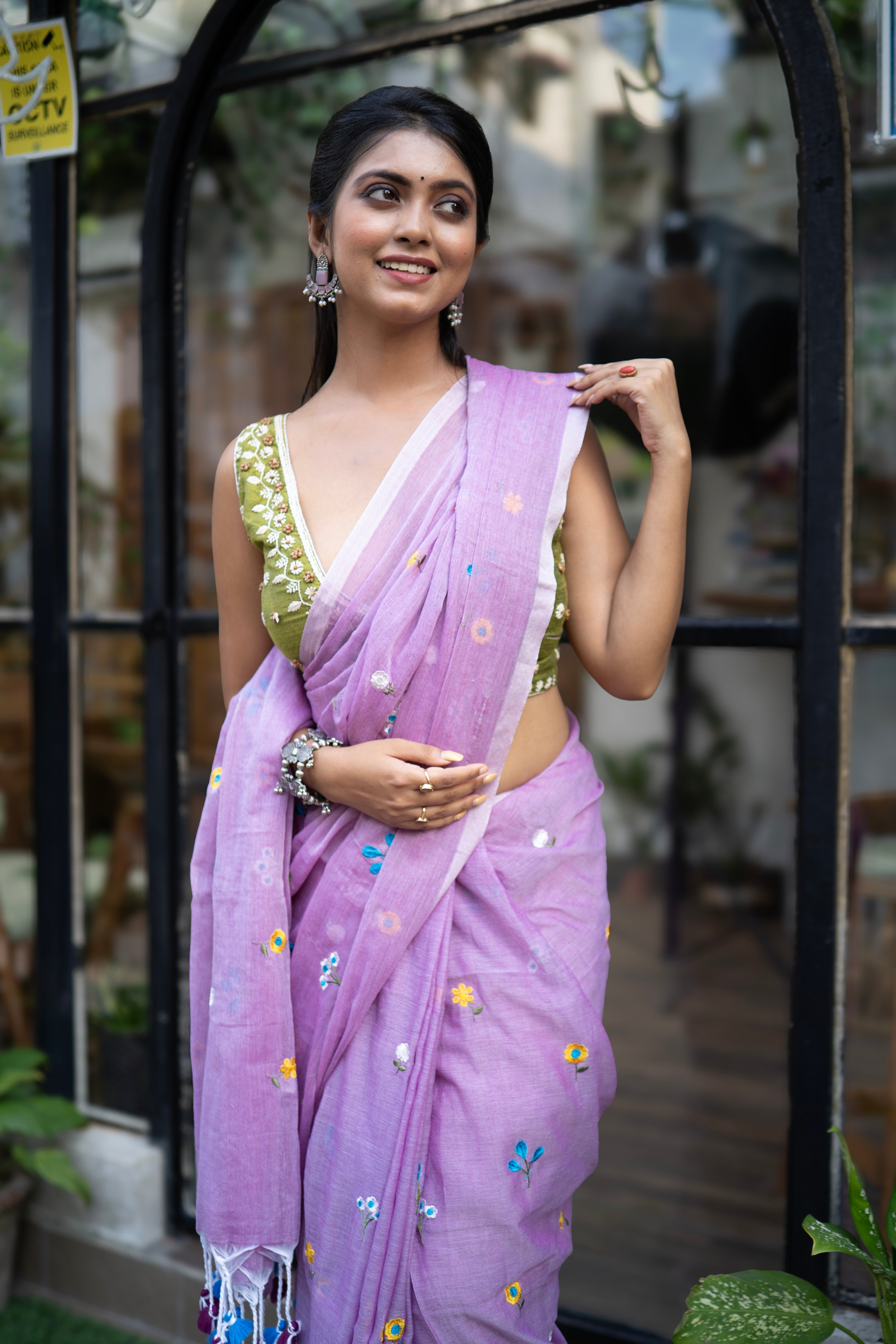 Lavender Embroidered Pure Mul Cotton Saree