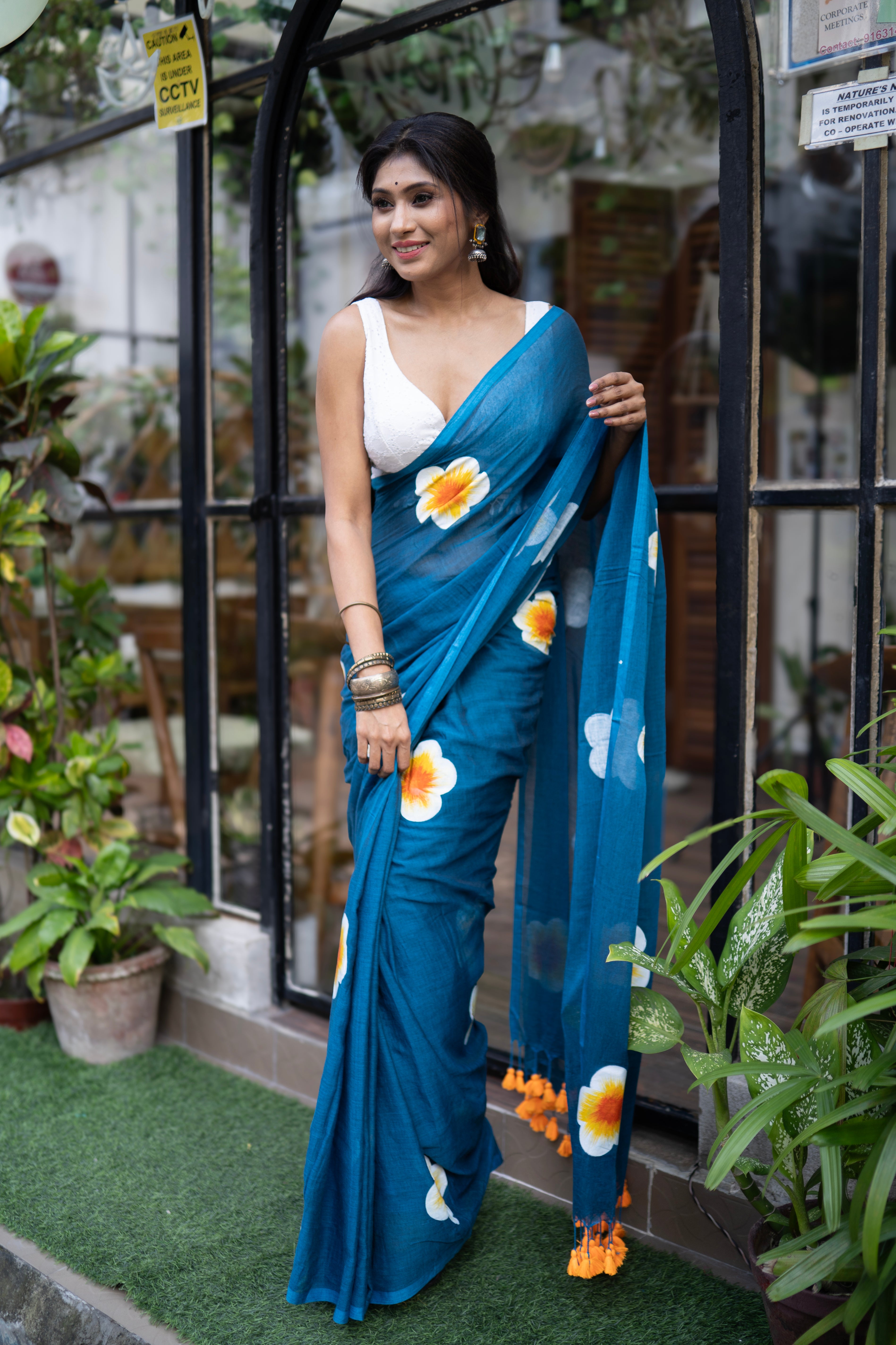 Navy blue Hand-Printed Floral Mulmul Cotton Saree