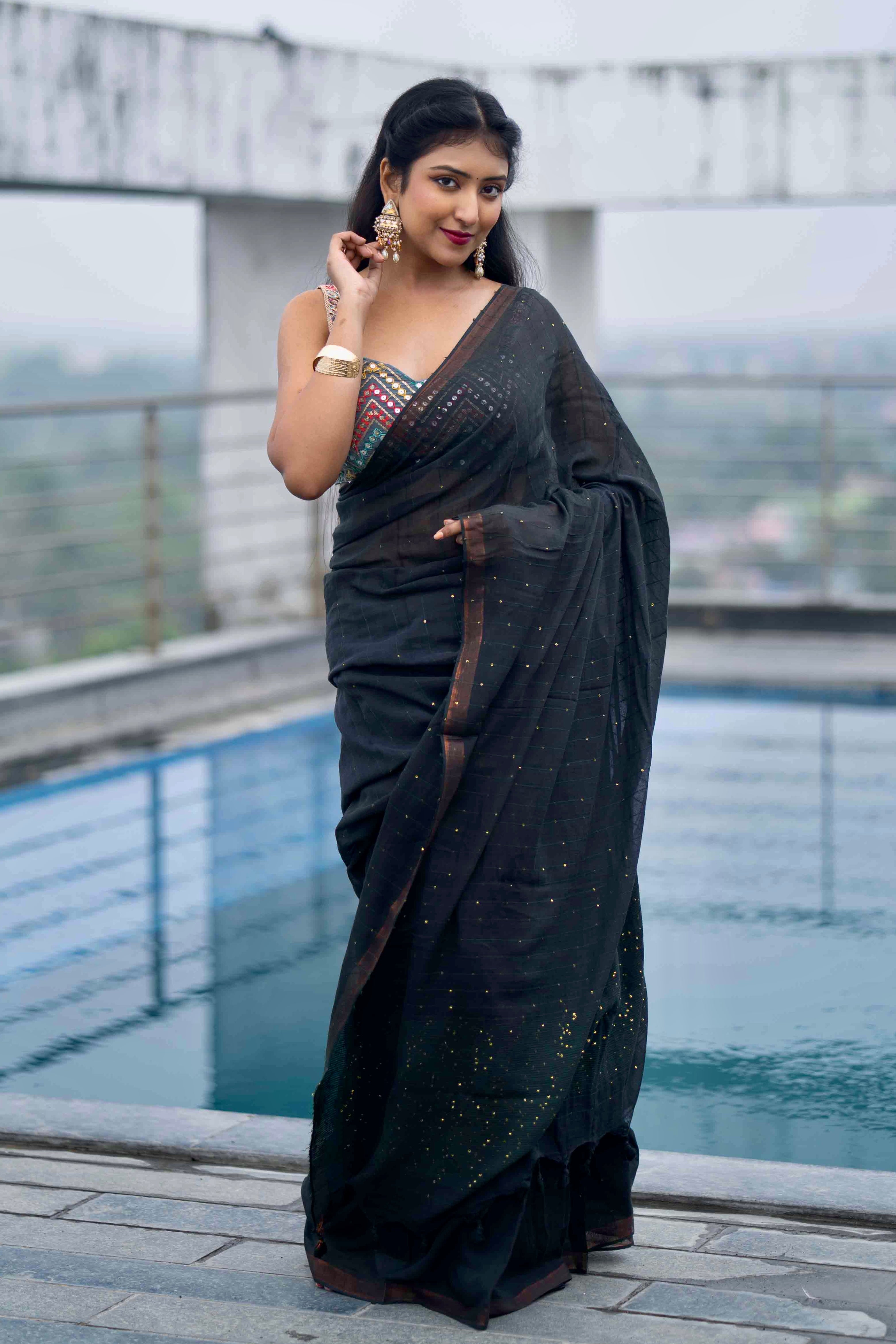 Black Green Sequence Work Pure Mulmul Cotton Saree