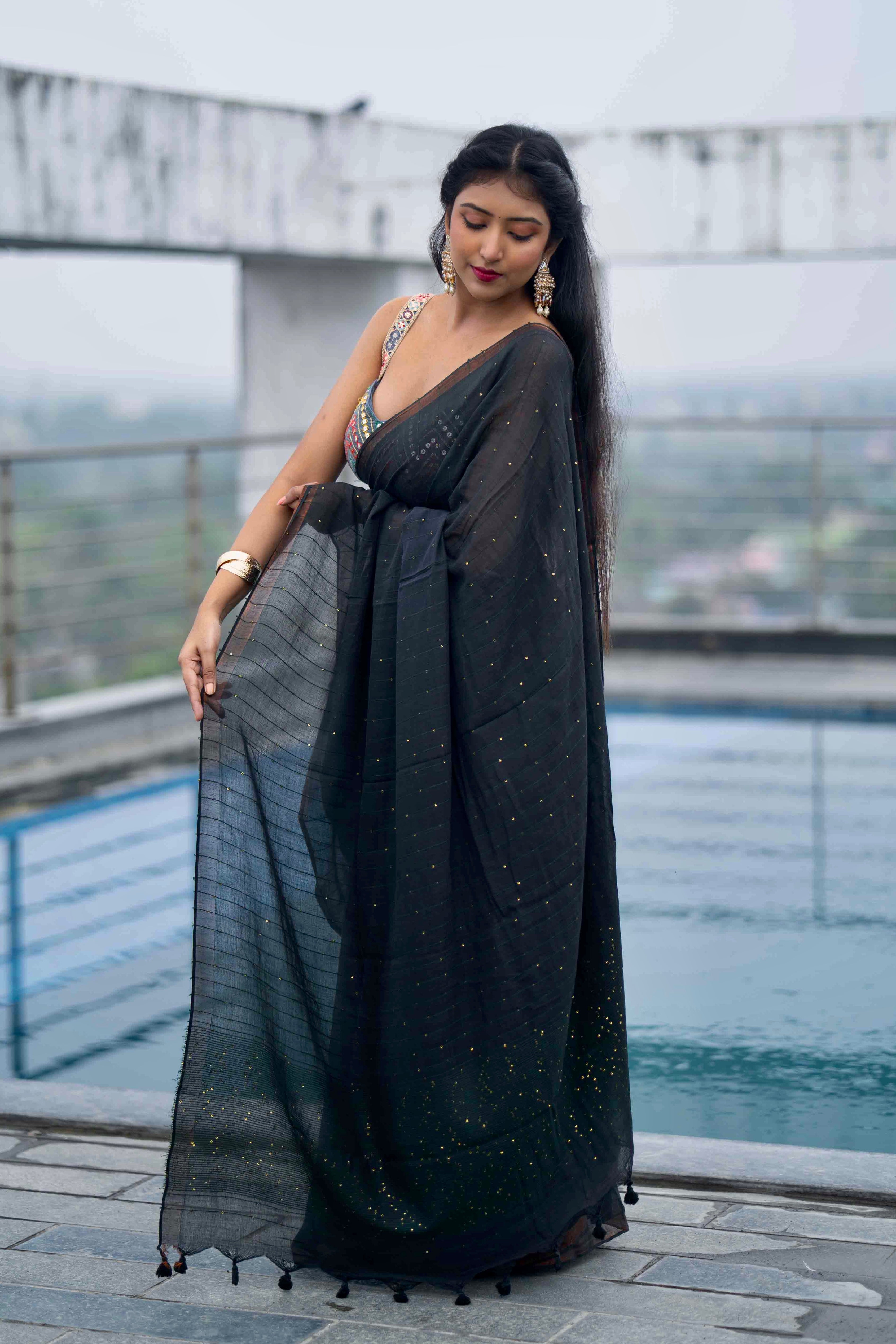 Black Green Sequence Work Pure Mulmul Cotton Saree