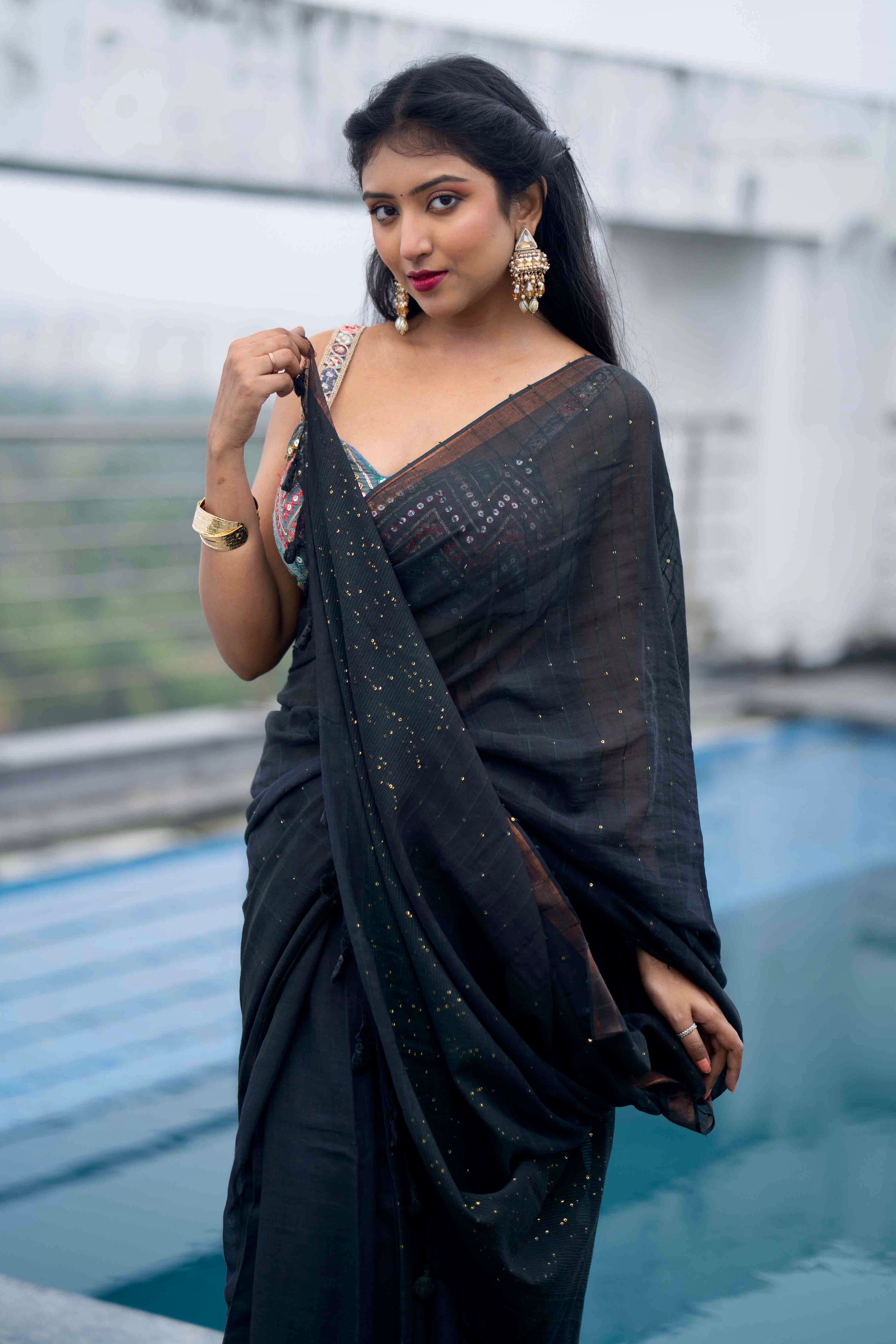 Black Green Sequence Work Pure Mulmul Cotton Saree