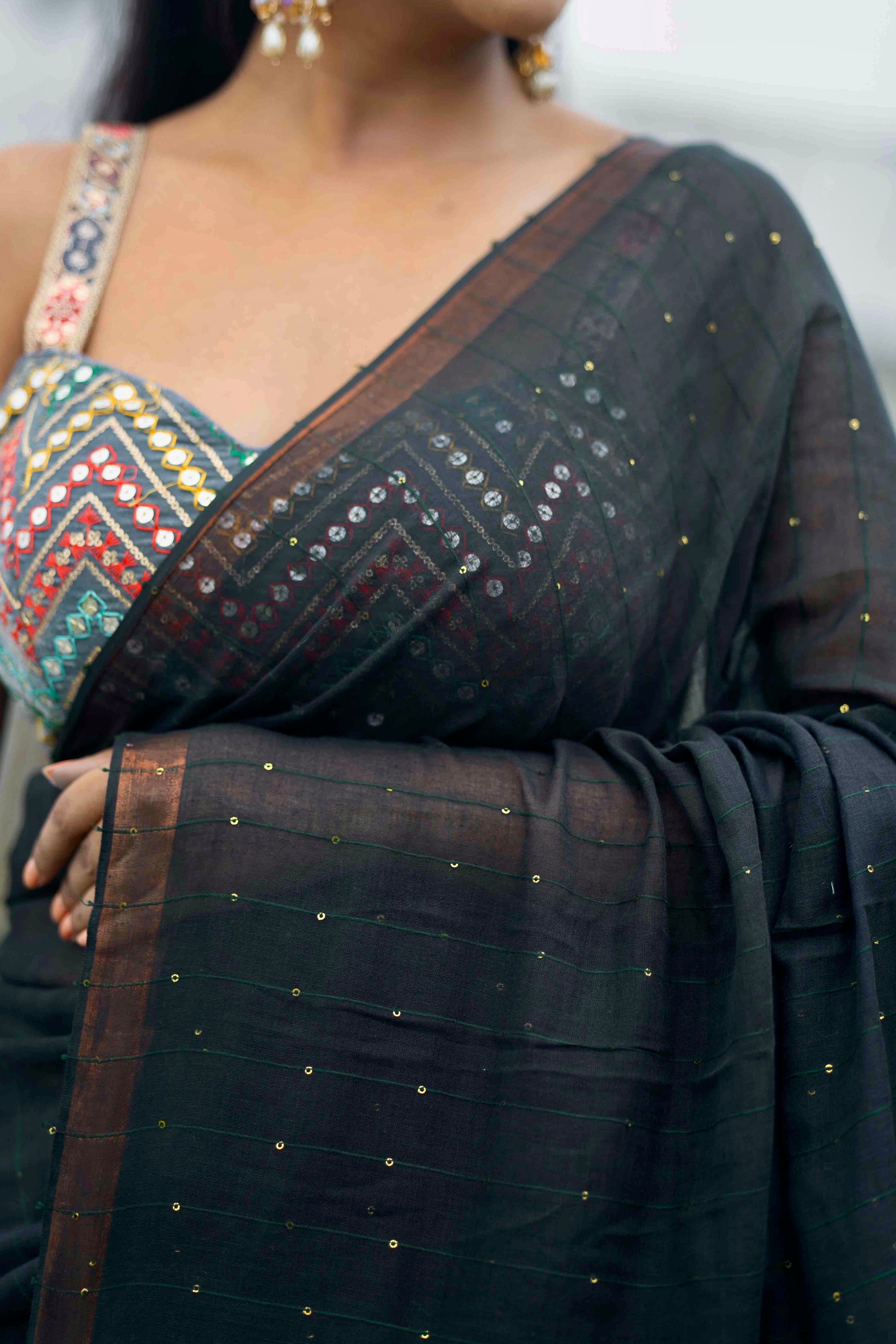 Black Green Sequence Work Pure Mulmul Cotton Saree