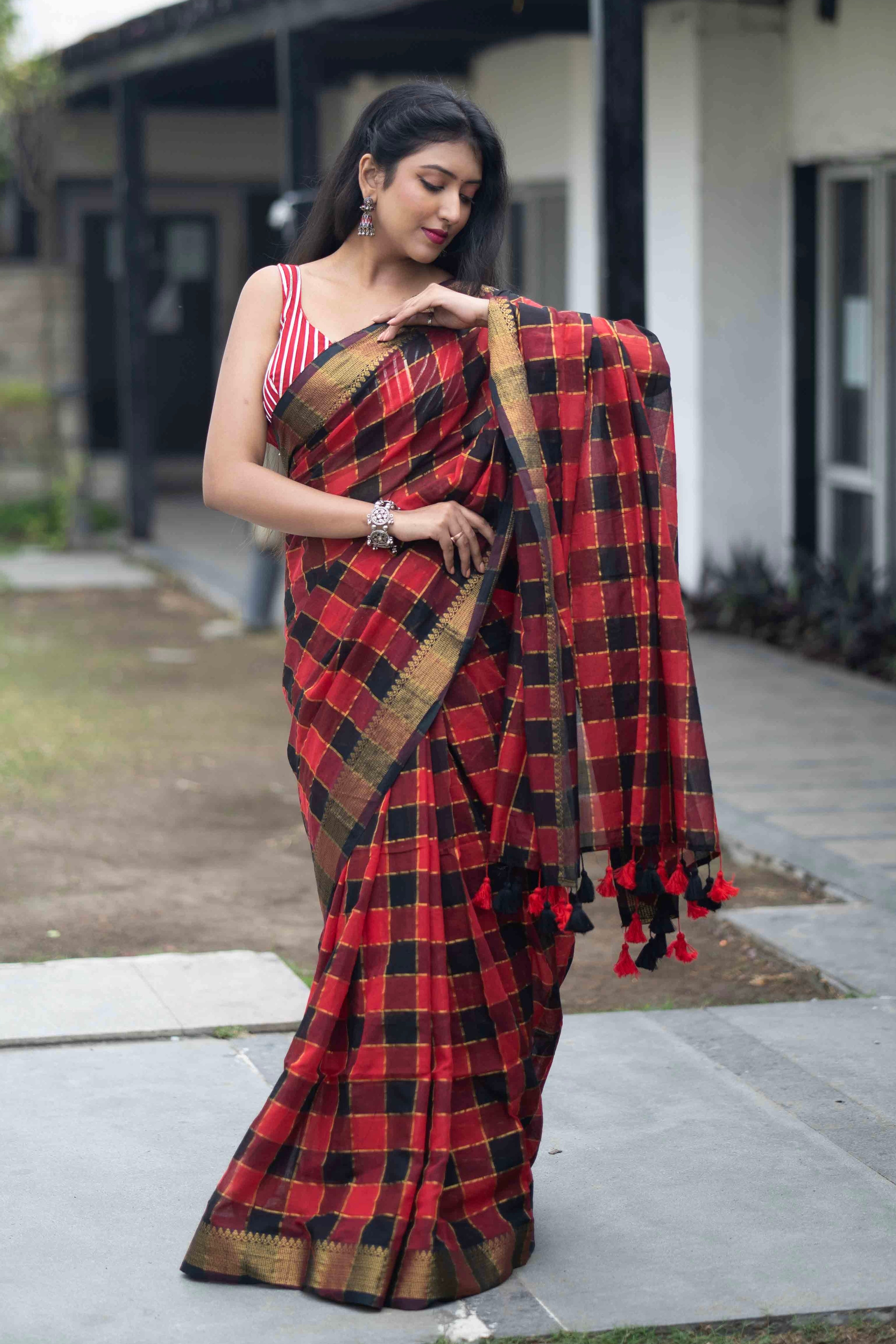 Red & Black Box Check Mulmul Cotton Saree – Golden Zari