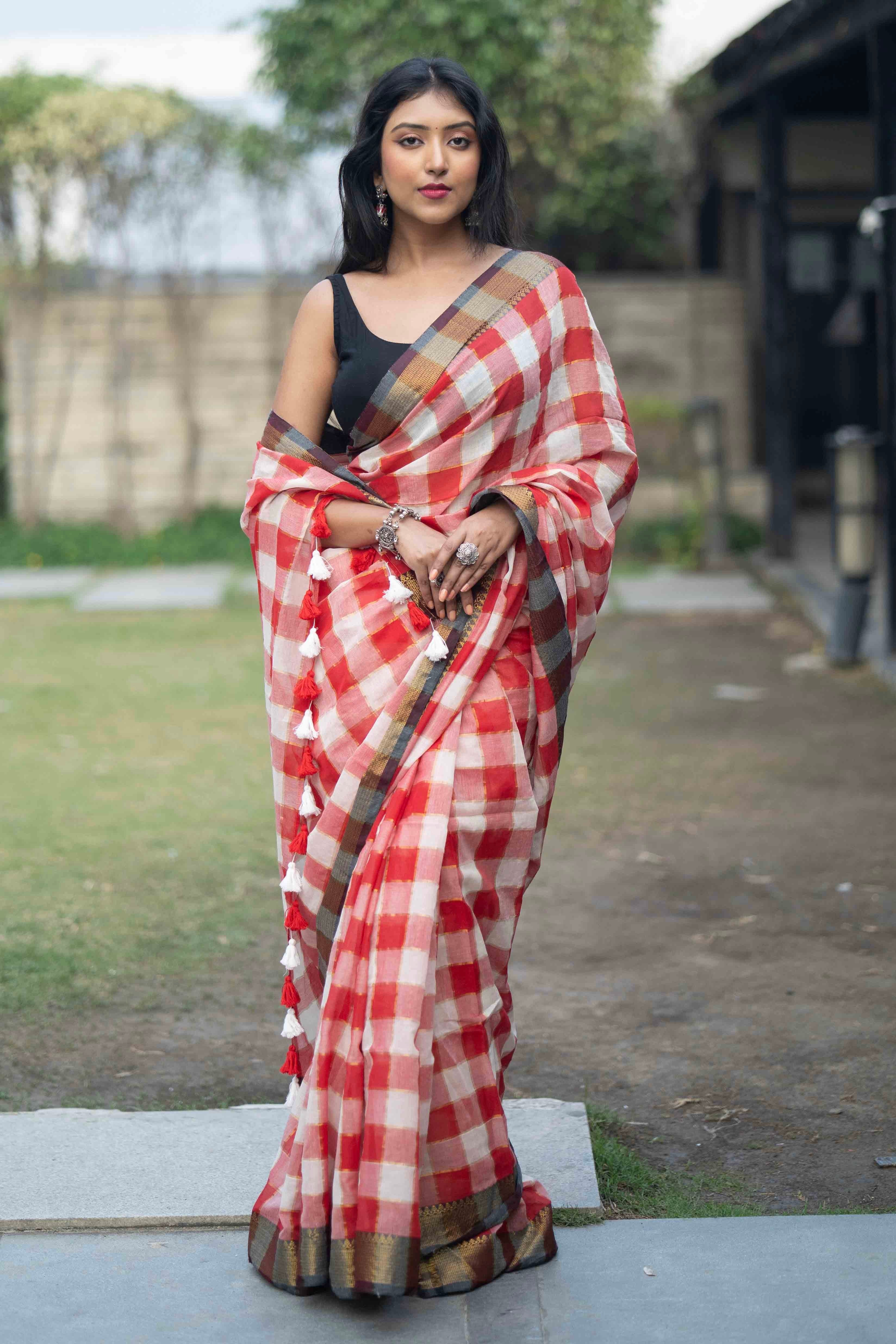 Red&White Box Check Mulmul Cotton Saree – Golden Zari