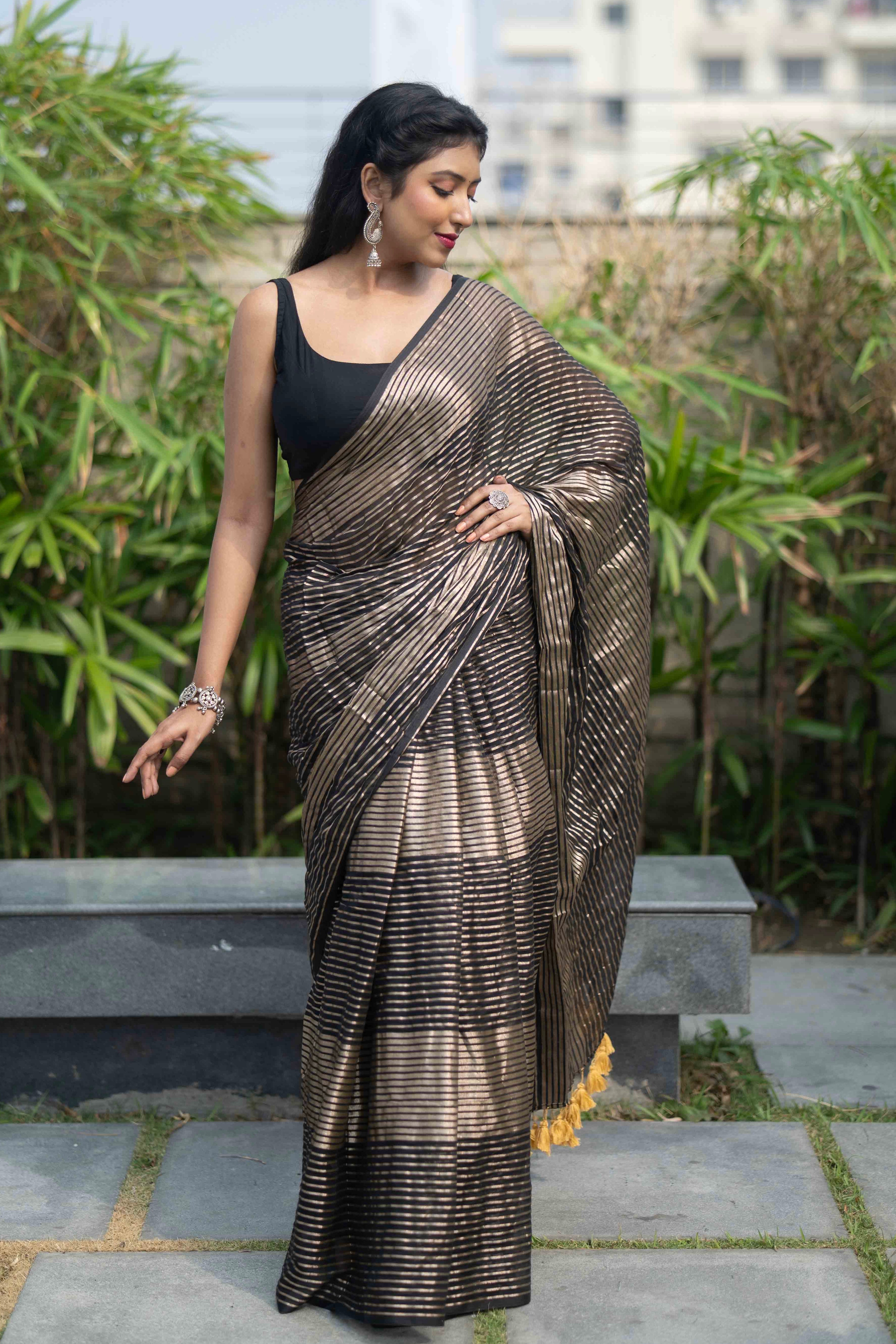 Black Mulmul Cotton Saree with Pale Gold Zari Checks