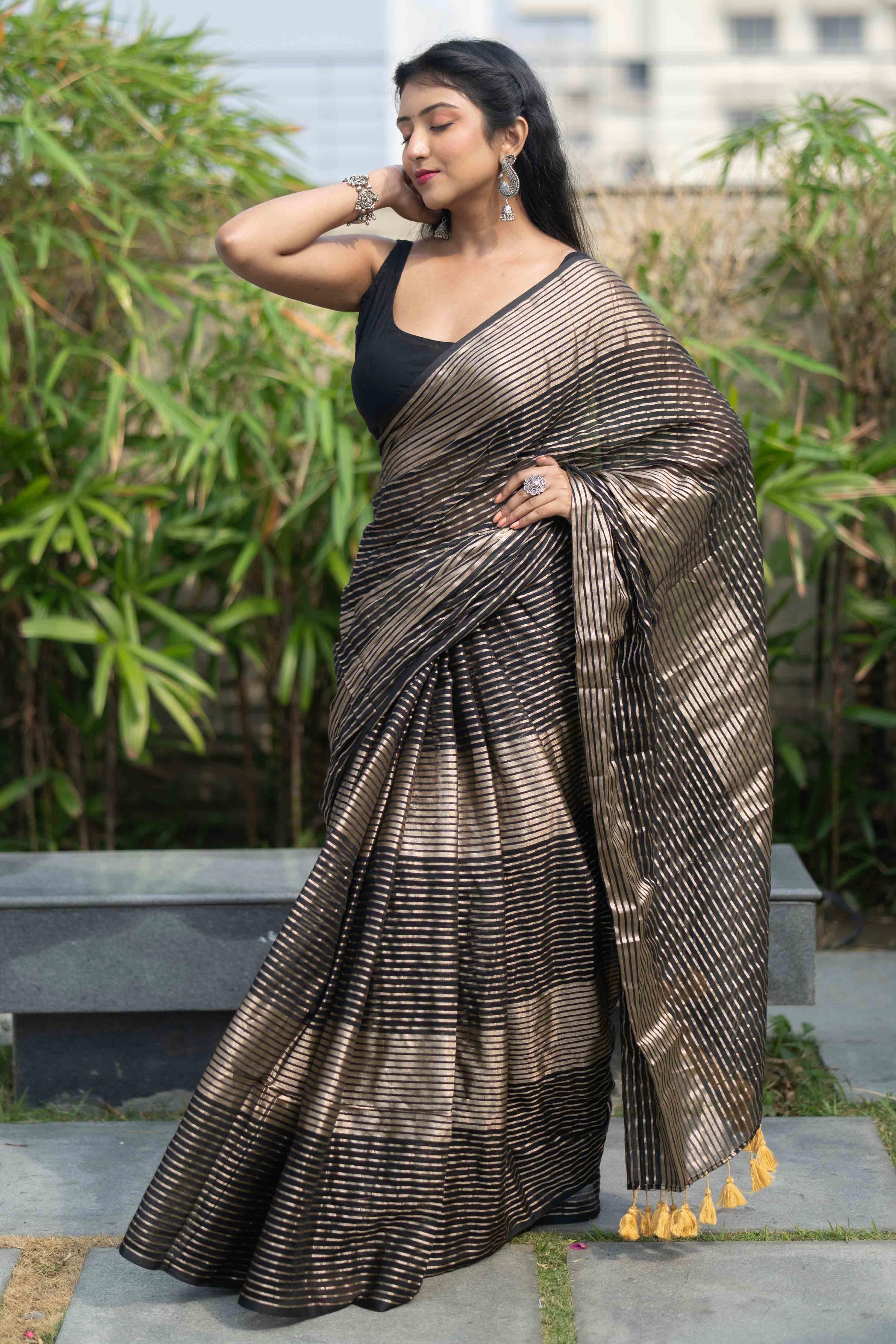 Black Mulmul Cotton Saree with Pale Gold Zari Checks