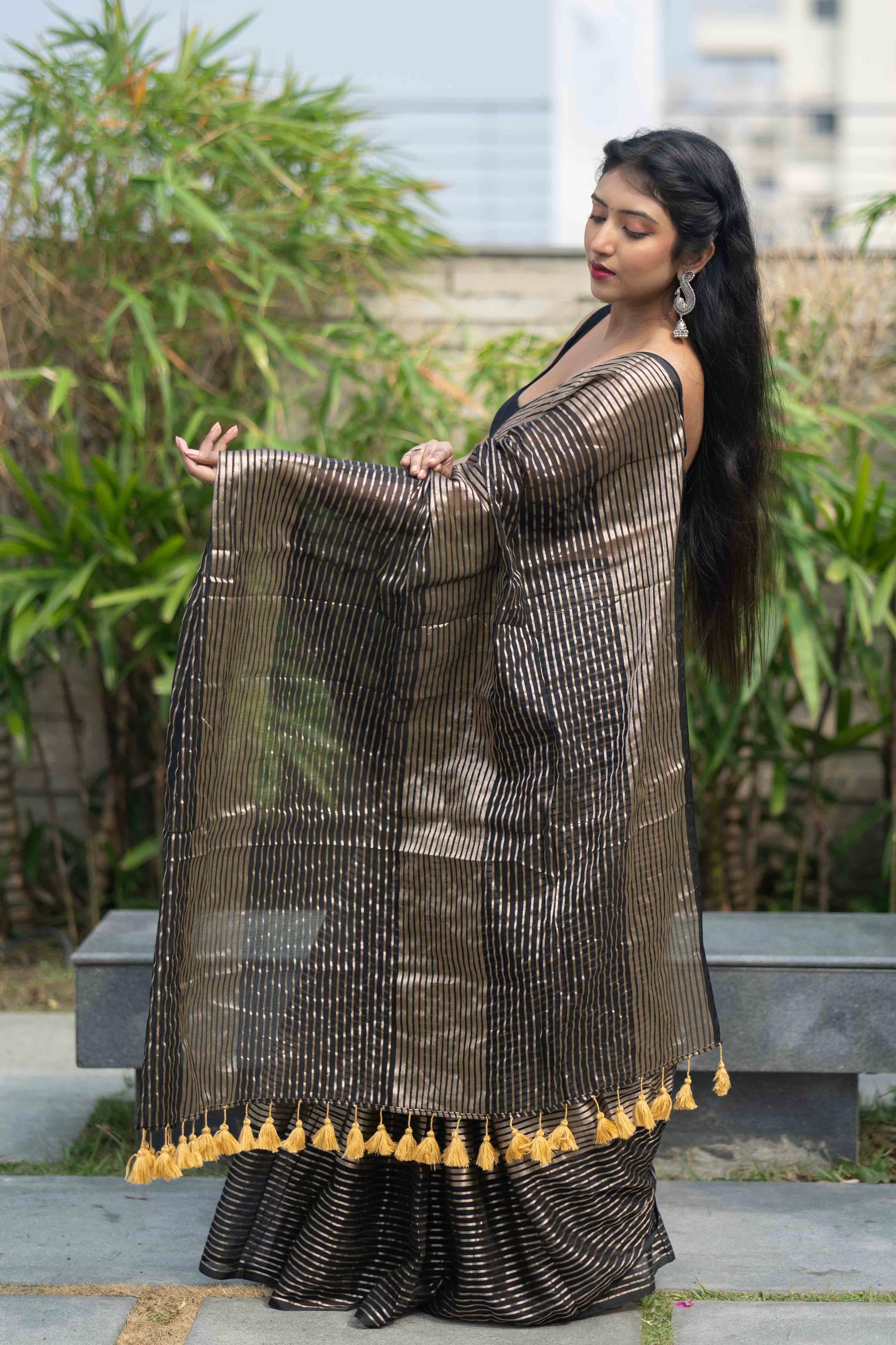 Black Mulmul Cotton Saree with Pale Gold Zari Checks