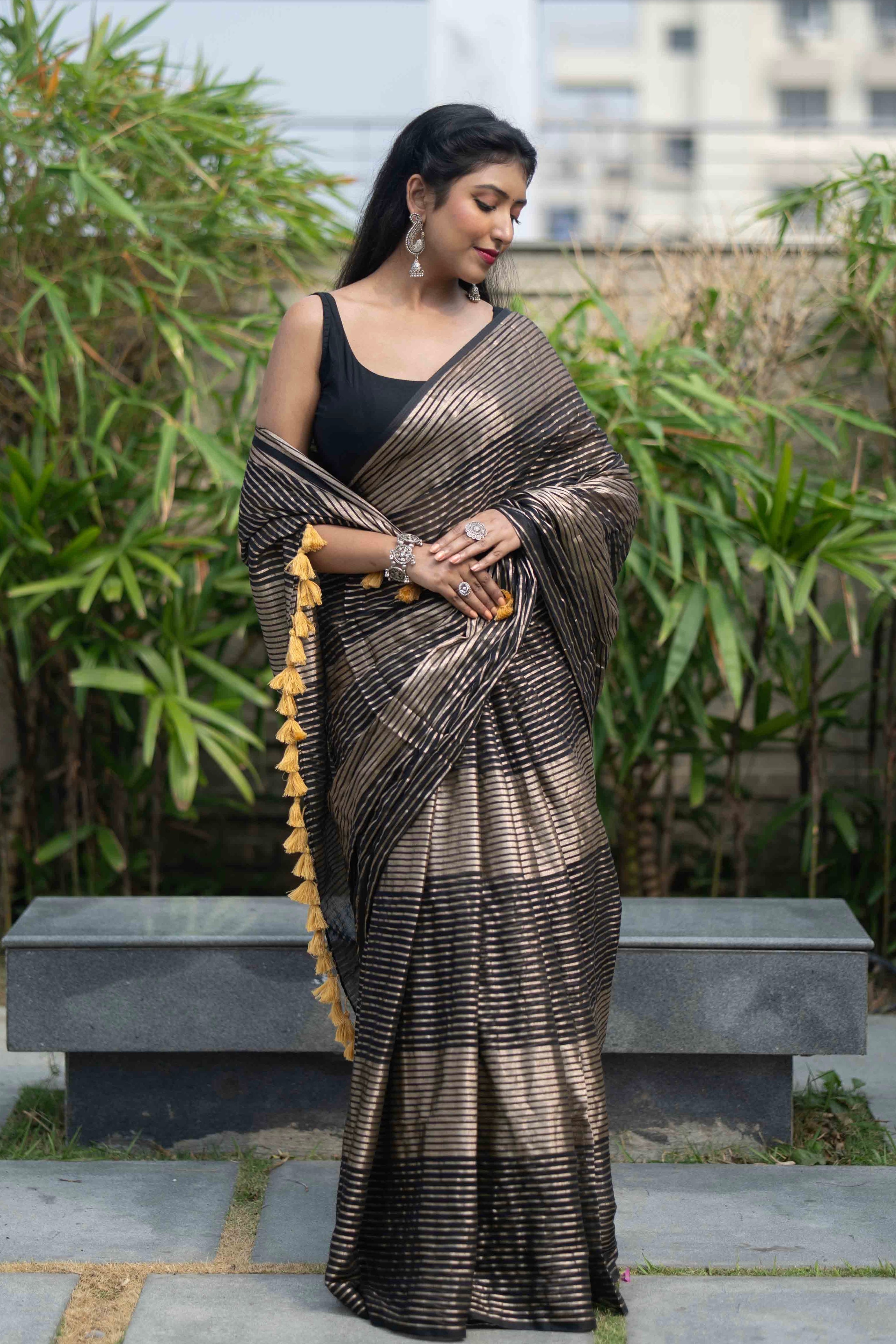 Black Mulmul Cotton Saree with Pale Gold Zari Checks