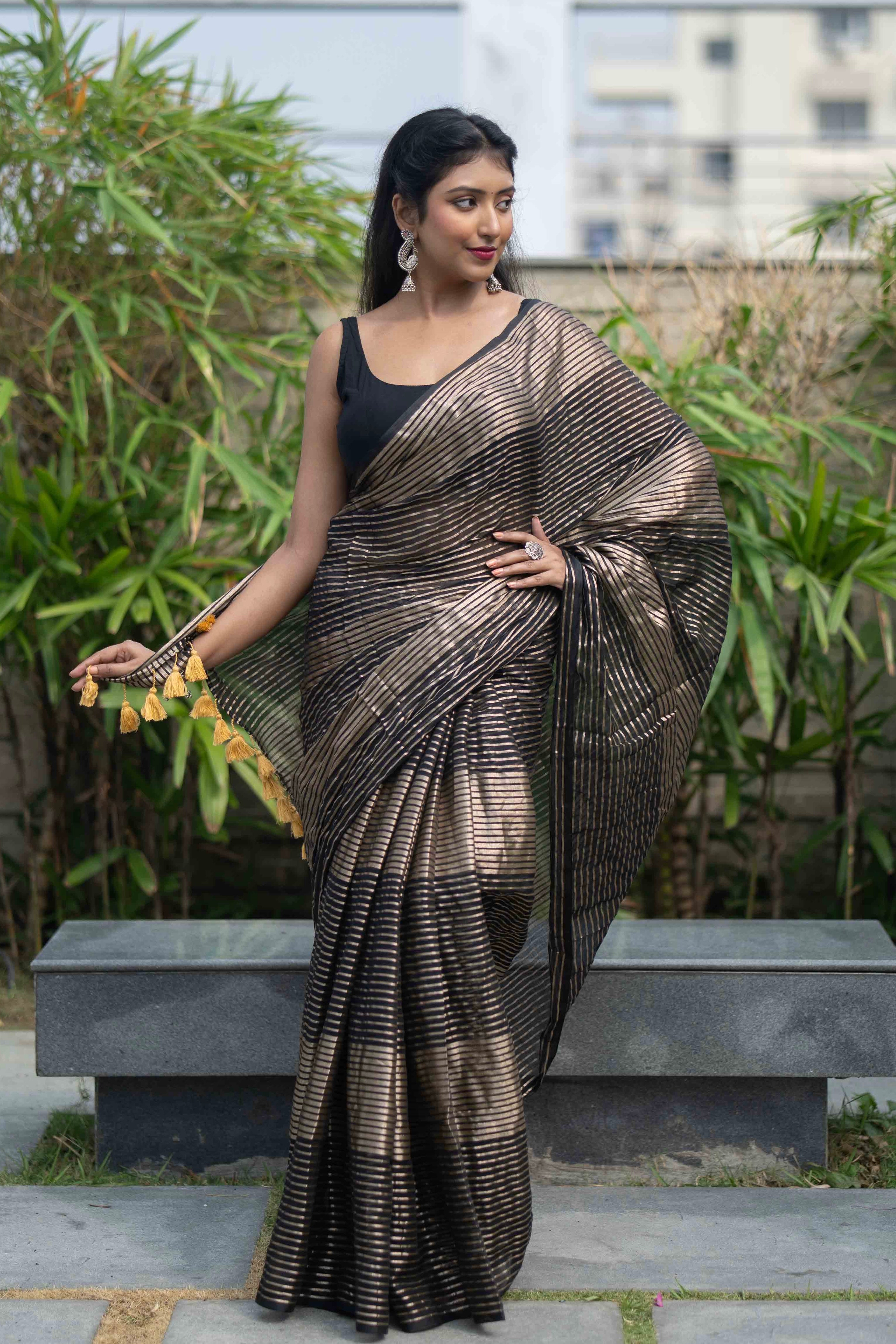 Black Mulmul Cotton Saree with Pale Gold Zari Checks