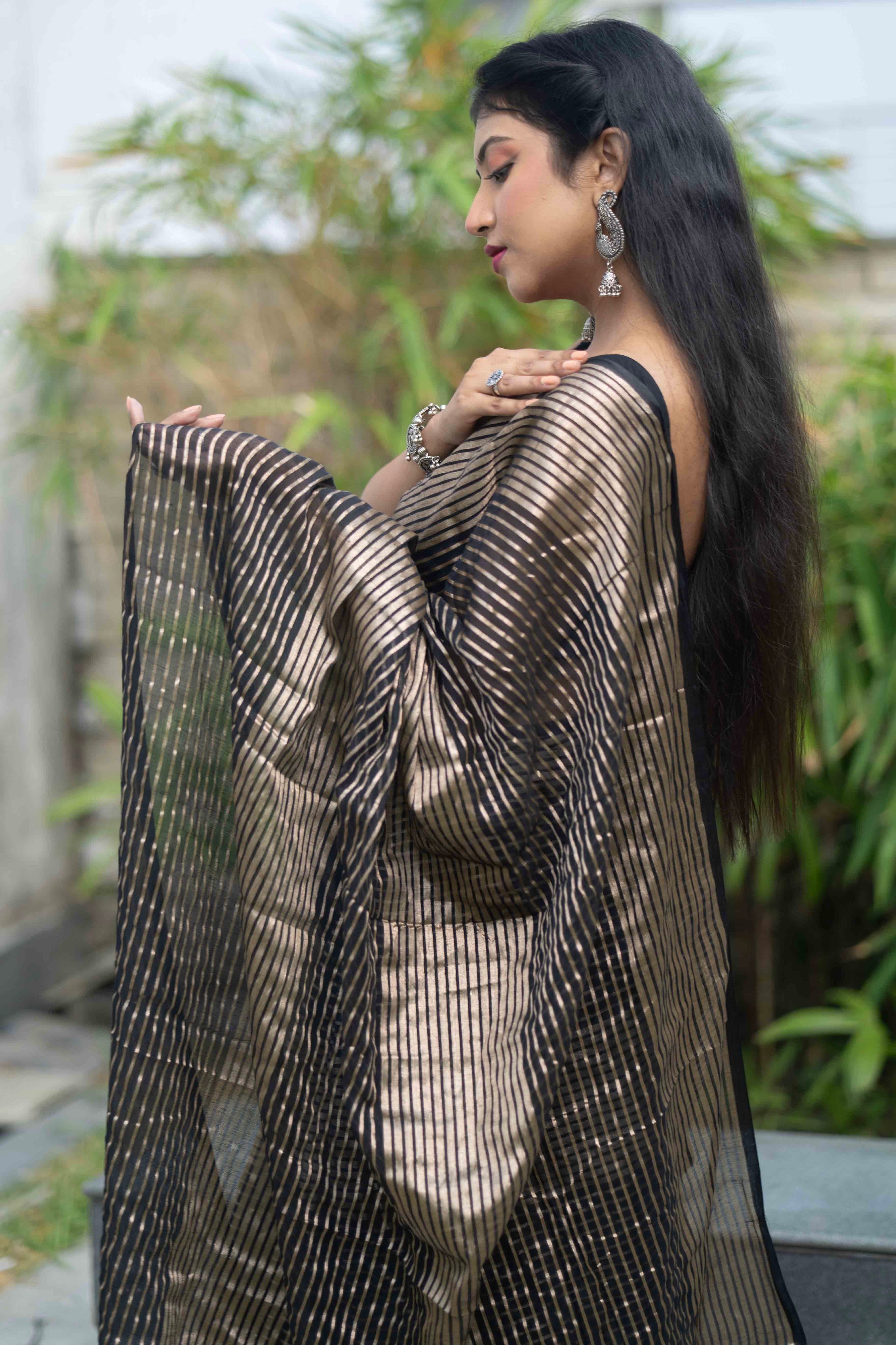 Black Mulmul Cotton Saree with Pale Gold Zari Checks