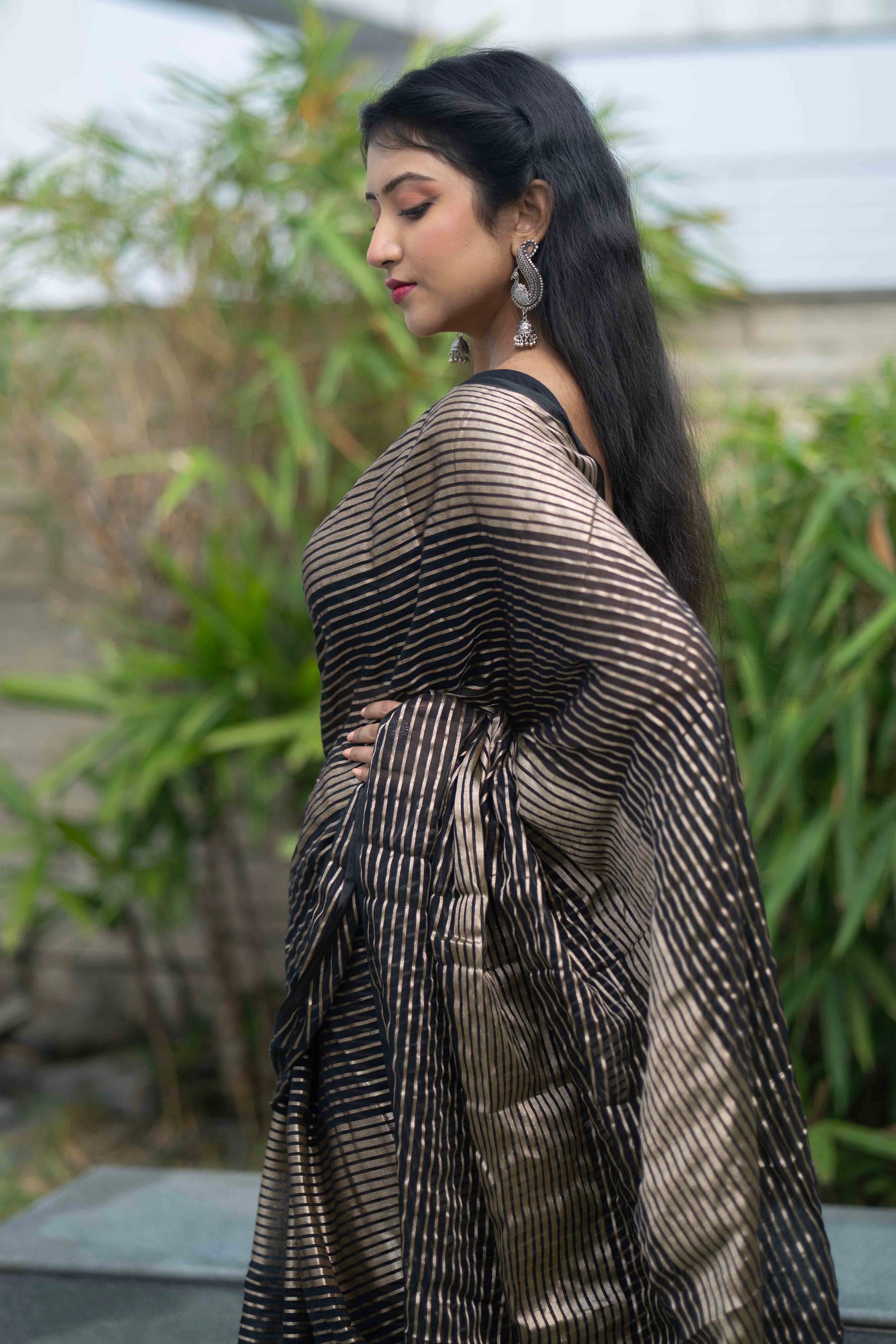 Black Mulmul Cotton Saree with Pale Gold Zari Checks