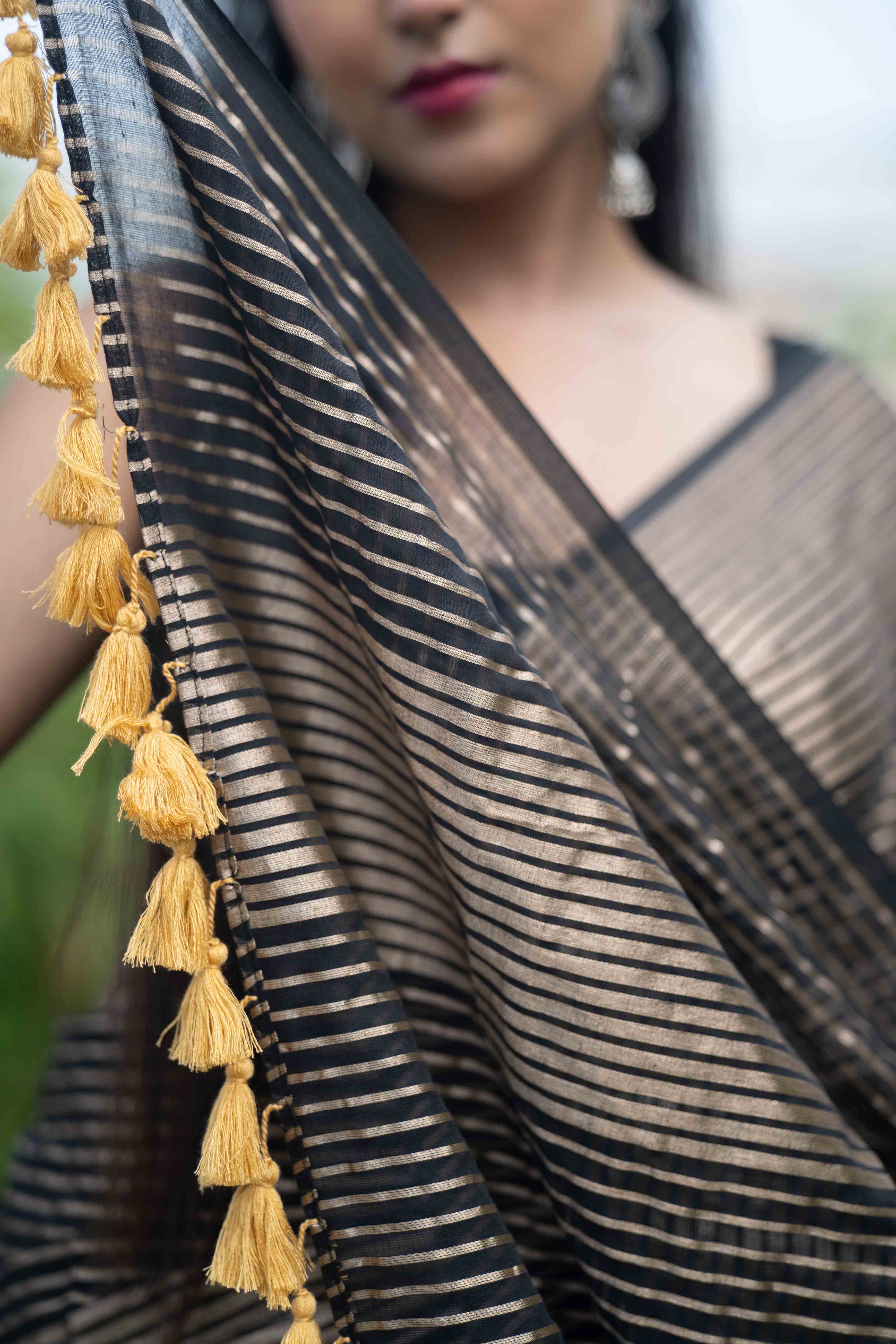 Black Mulmul Cotton Saree with Pale Gold Zari Checks