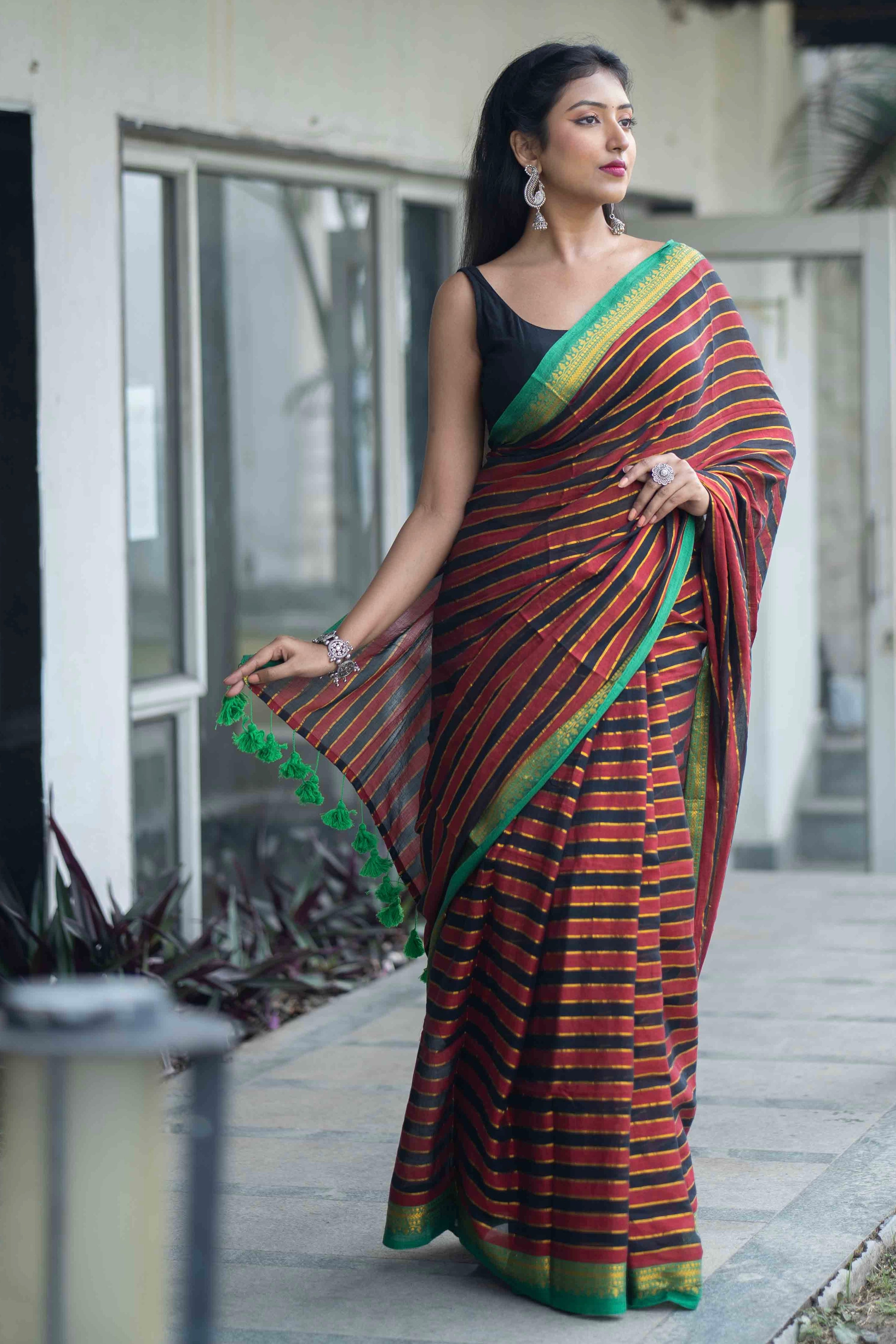 Maroon Black Mulmul Cotton Saree with Golden Zari Checks