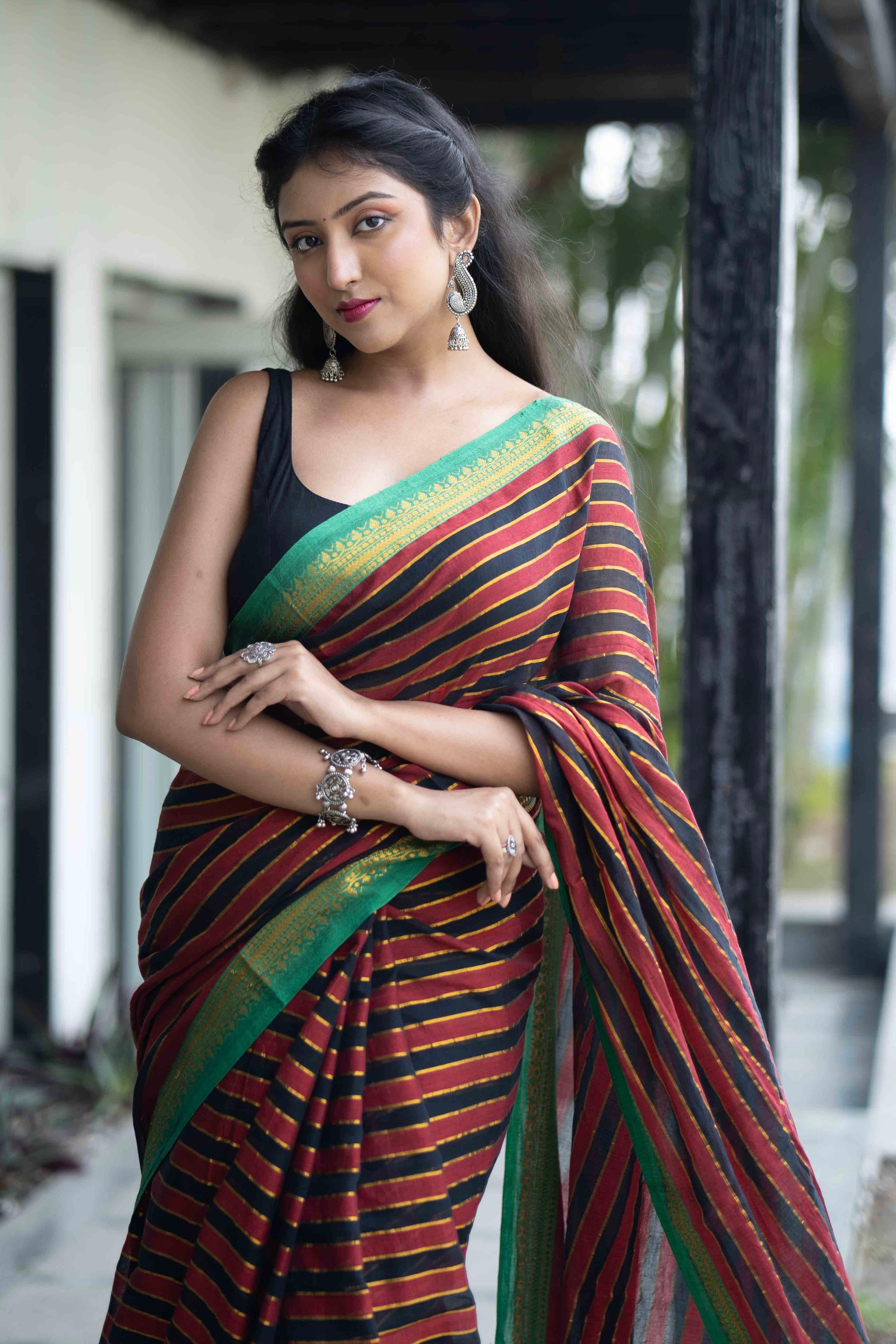 Maroon Black Mulmul Cotton Saree with Golden Zari Checks with blouse piece