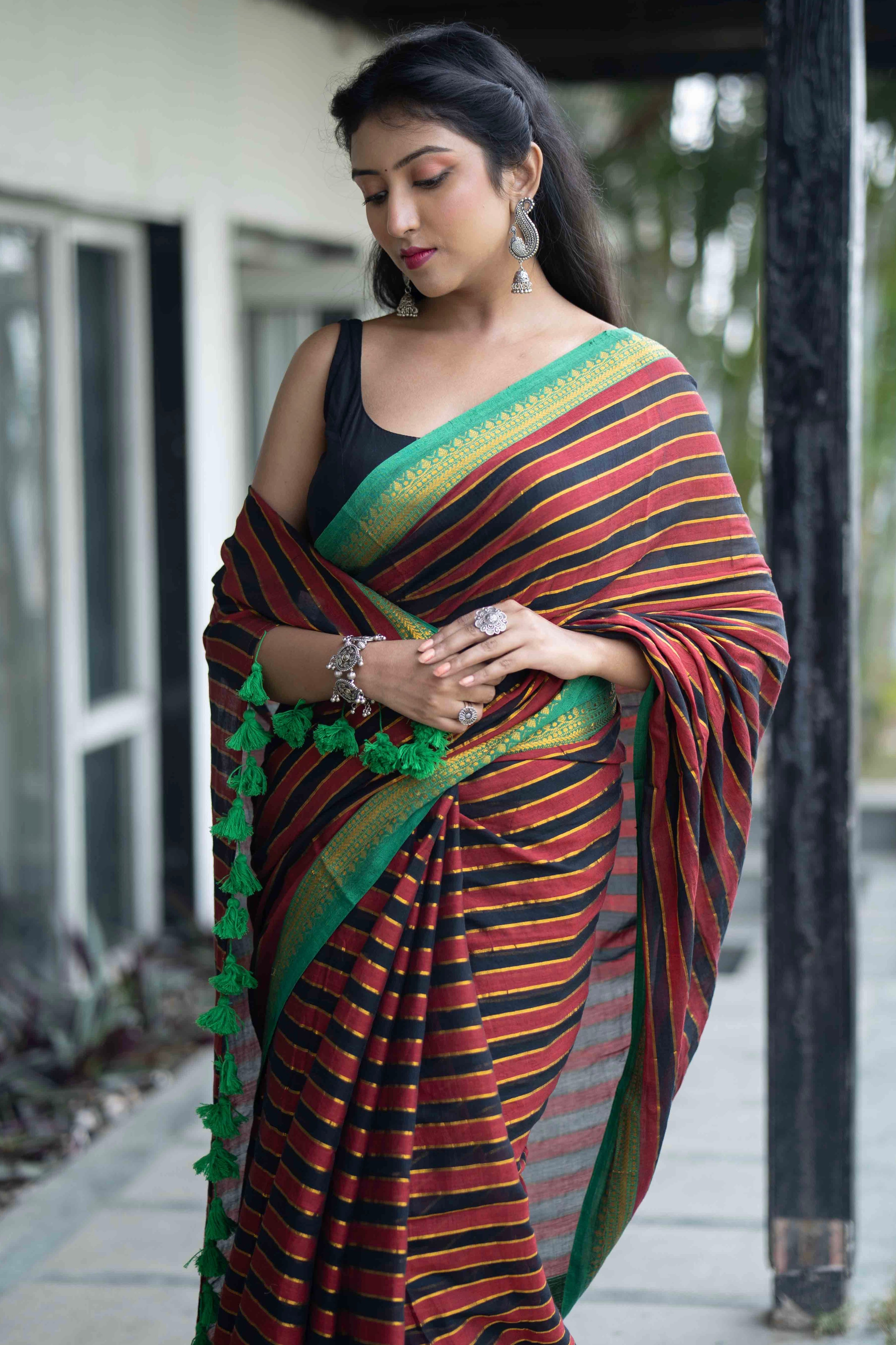 Maroon Black Mulmul Cotton Saree with Golden Zari Checks with blouse piece